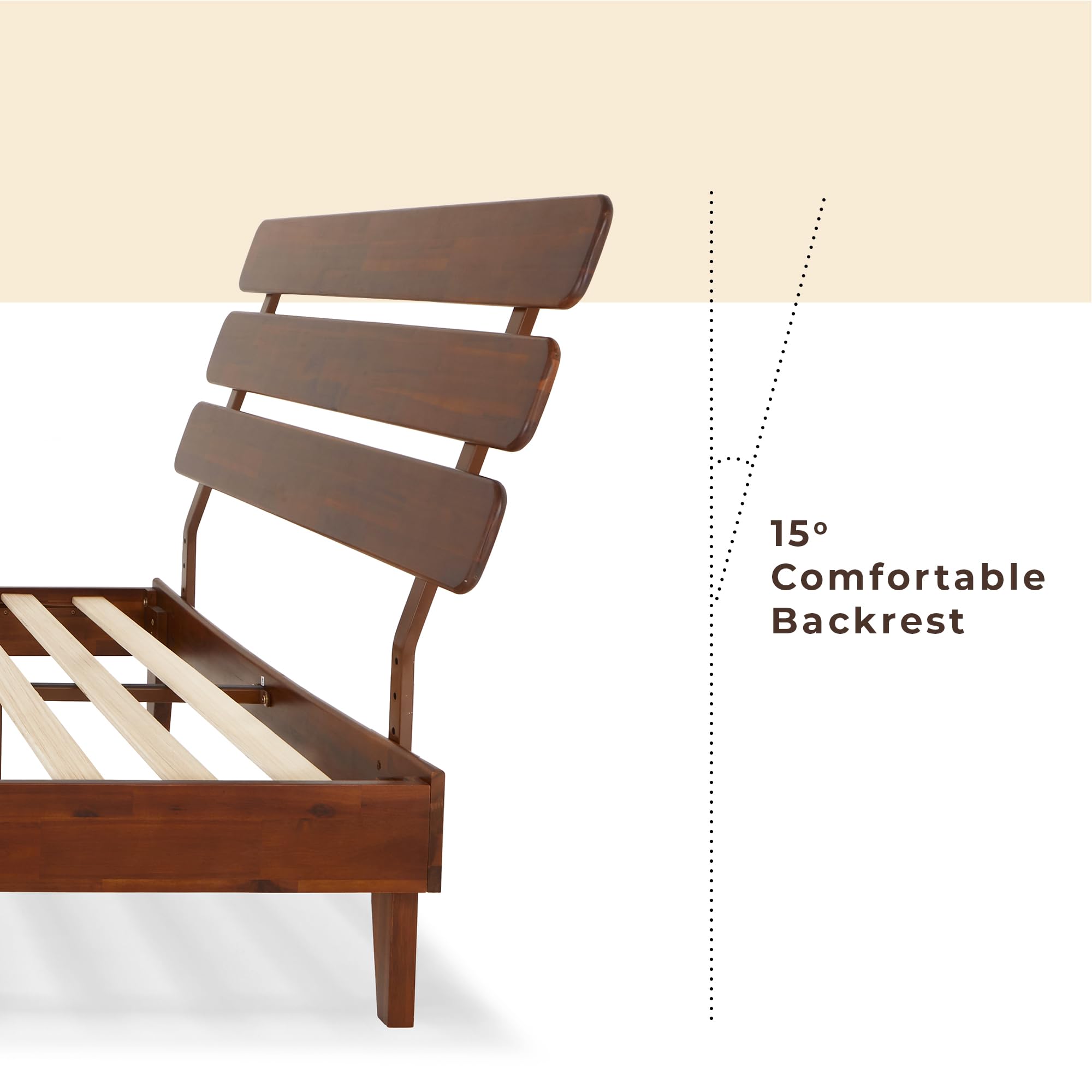 Caden 15 Inch Deluxe Bed Frame with Adjustable Headboard - Mid Century, Retro Style with Acacia Wood -  - 12 Strong Wood Slat Support -