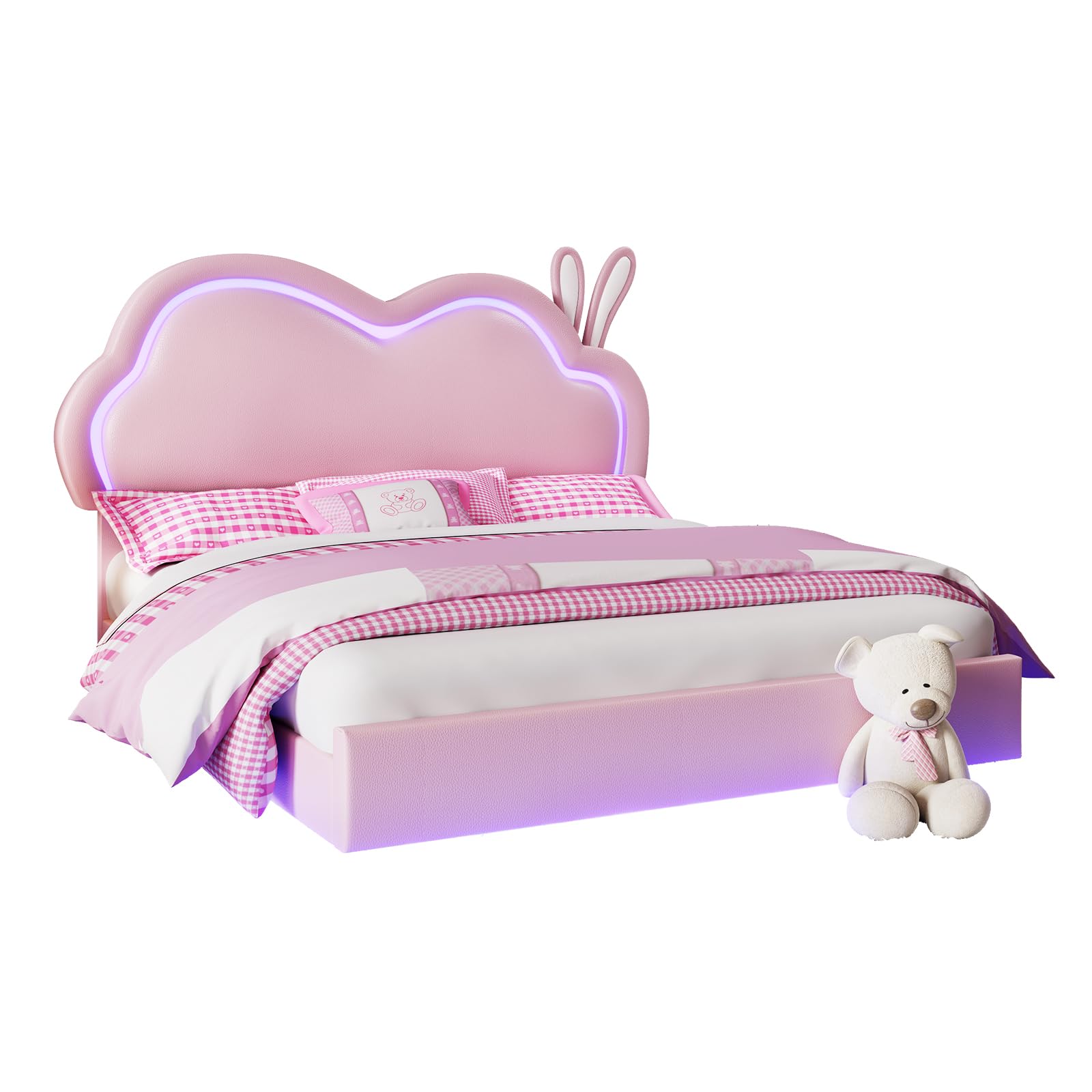 LED Full Bed Frame for Girls Upholstered Floating Bed with Cute Cloud Headboard, No Box Spring Needed, Leather, Pink