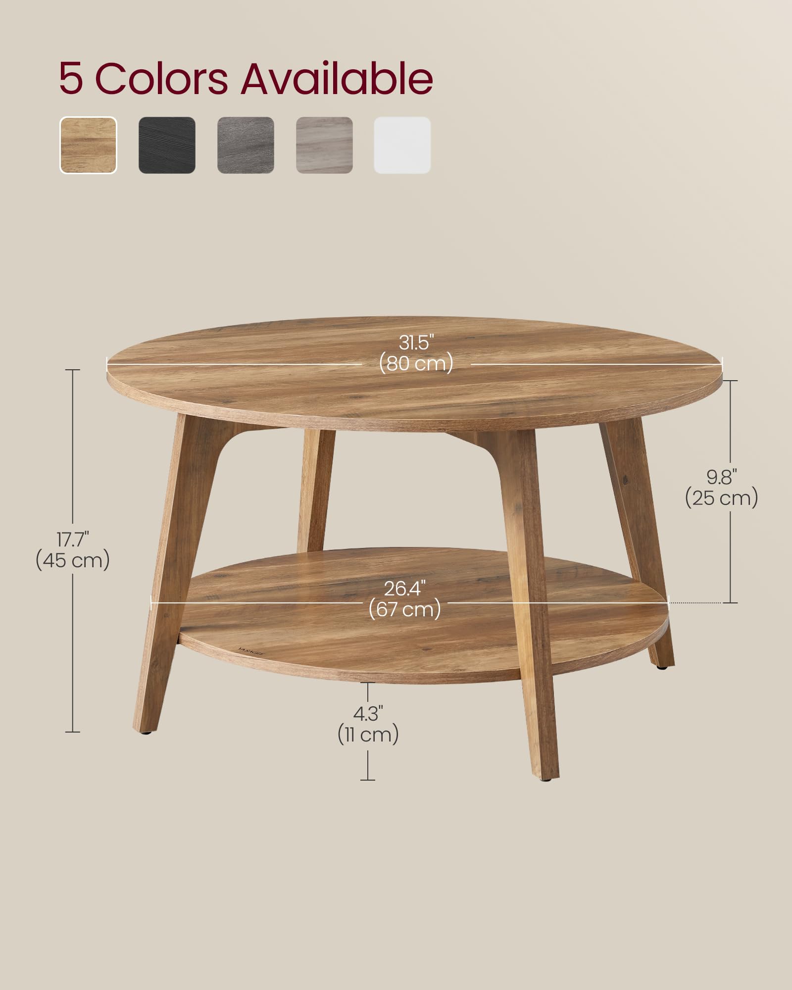 Round Coffee Table, 2 Tier Coffee Table with Storage, for Living Room, 31.5 x 17.7 Inches, Easy to Assemble, Honey Brown ULCT243K41