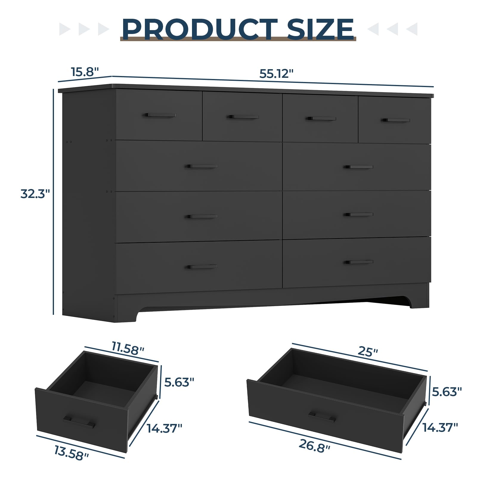Black 10 Drawer Dresser with Power Outlets, 55" Wide Chest of Drawers TV Stand for Bedroom, Living Room, Storage Organizer