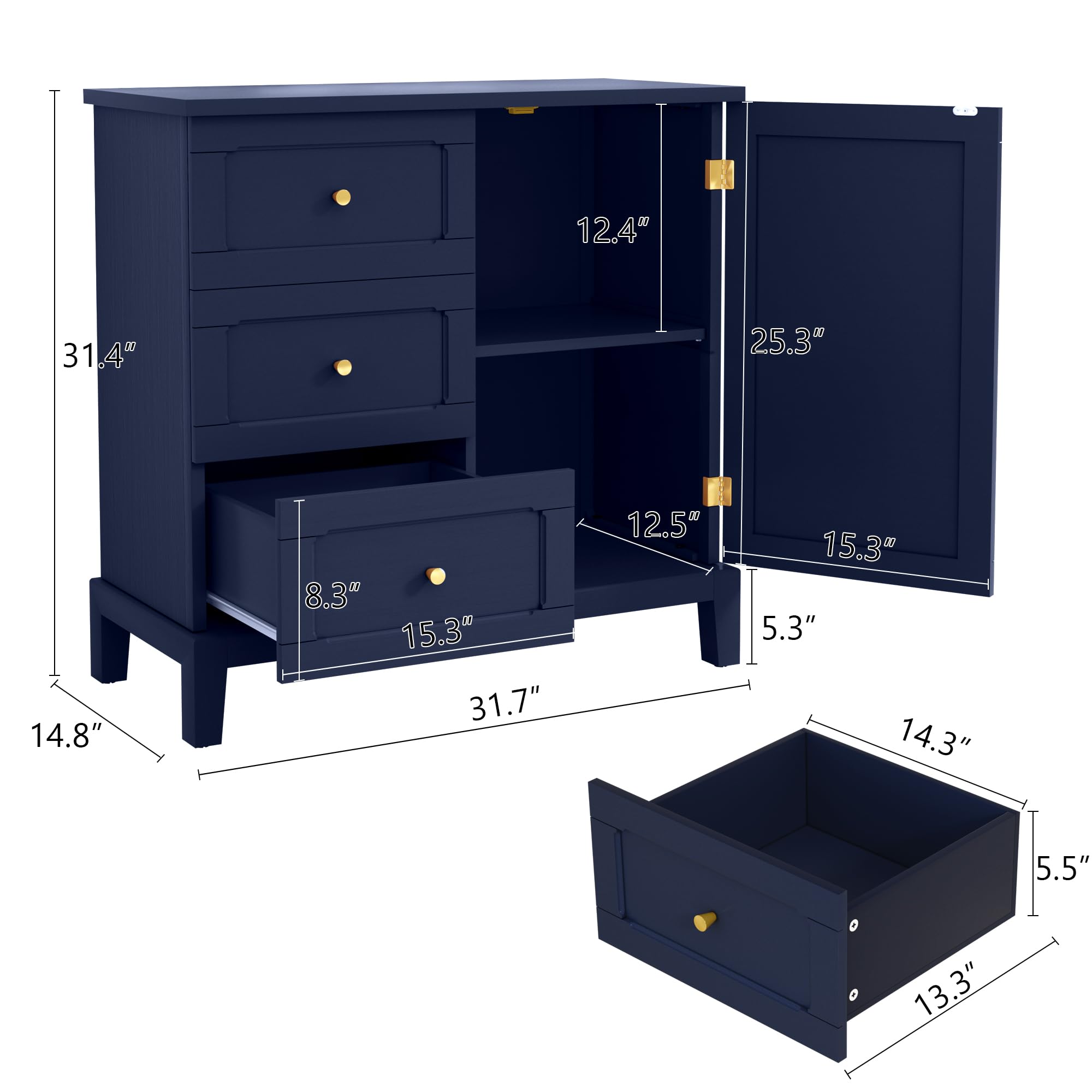 Accent Cabinet with 3 Drawers and Door, Wooden Storage Cabinet with Shelves, Sideboard for Living Room, Entryway, Navy Blue
