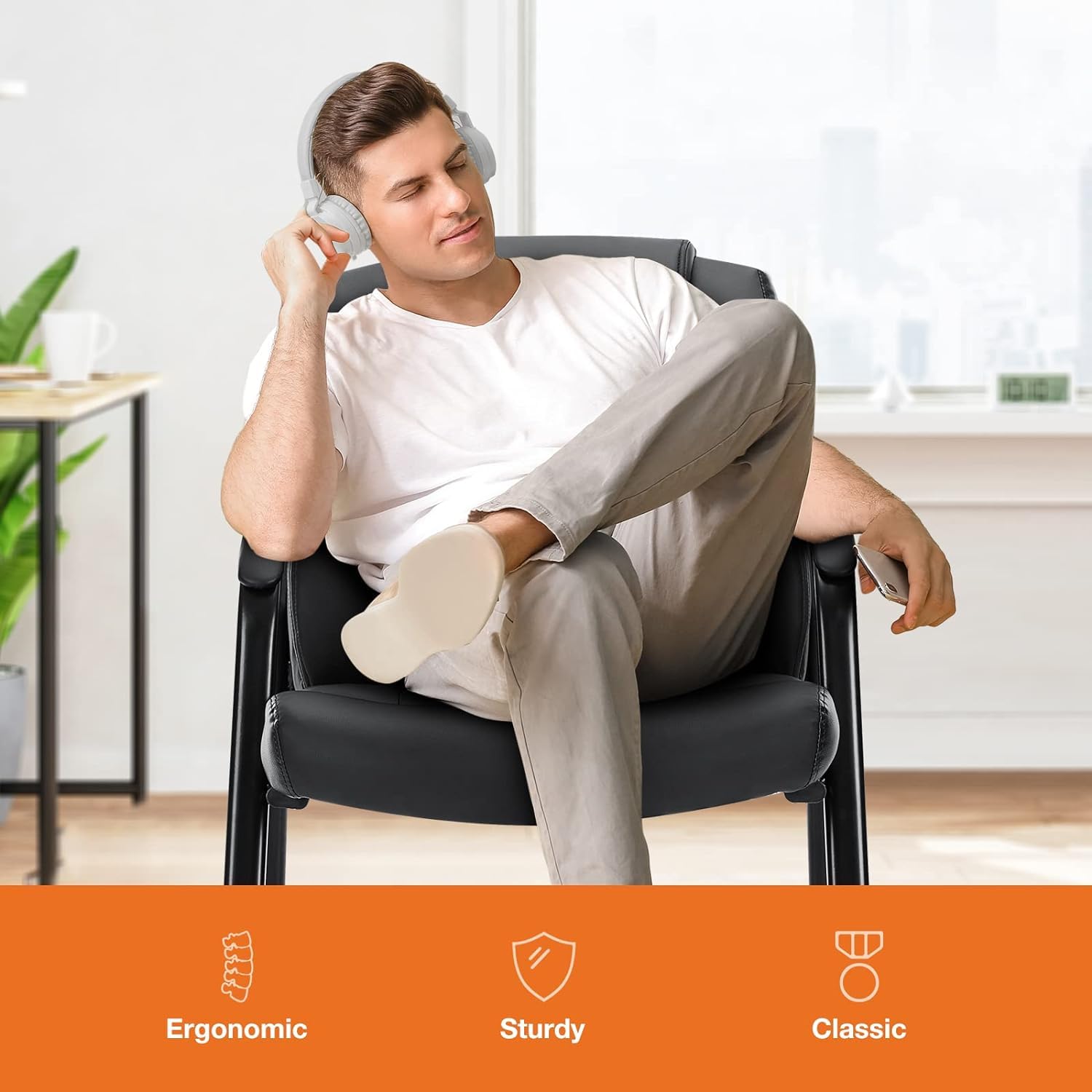 Waiting Room Office Guest Chairs Set of 2, PU Leather Big and Tall No Wheels Executive Office Chair with Padded Arms for Reception Conference Room Lobby
