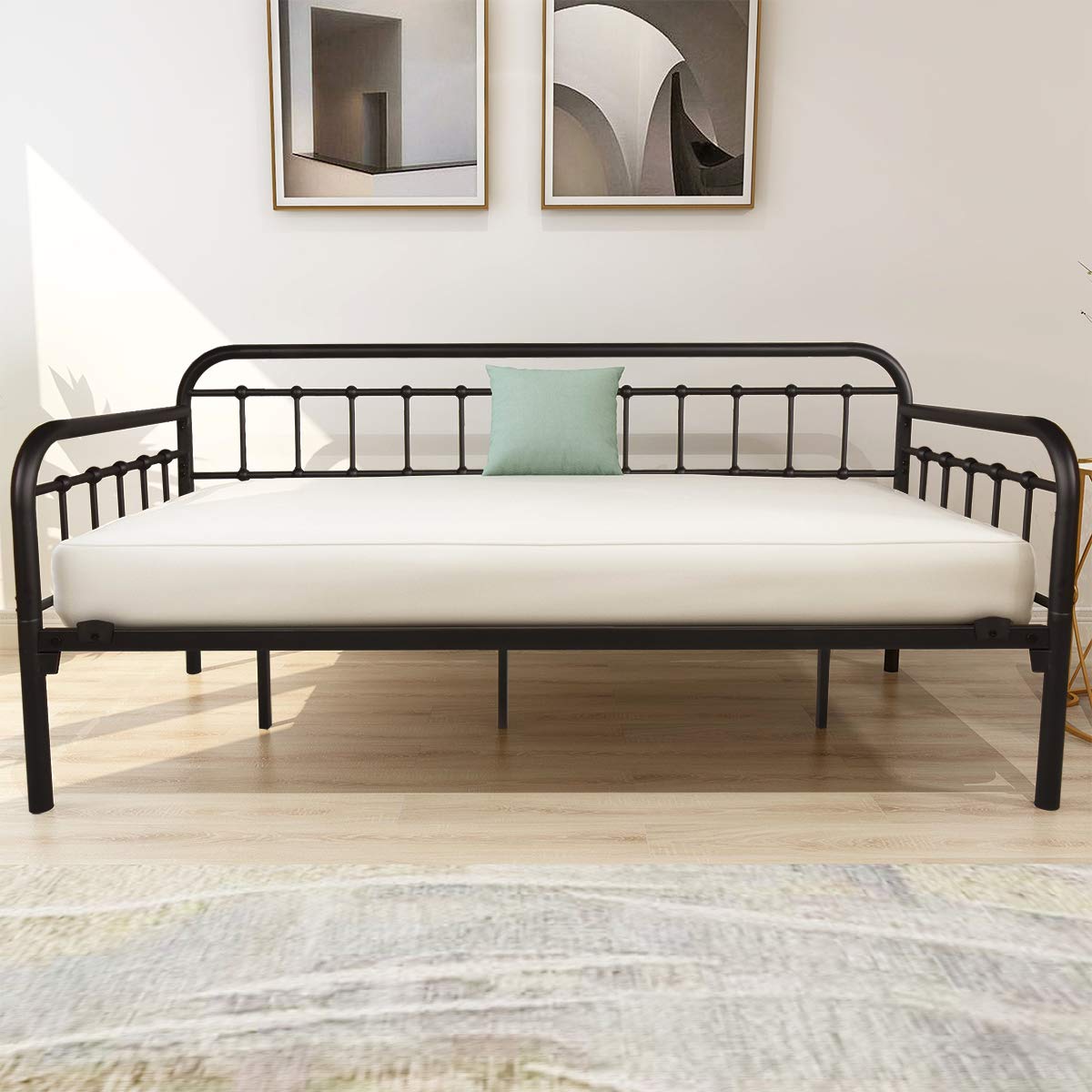 Metal Daybed Frame Heavy Duty Metal Slats Sofa Bed Platform Mattress Foundation Twin Day Bed Black Sanded Color