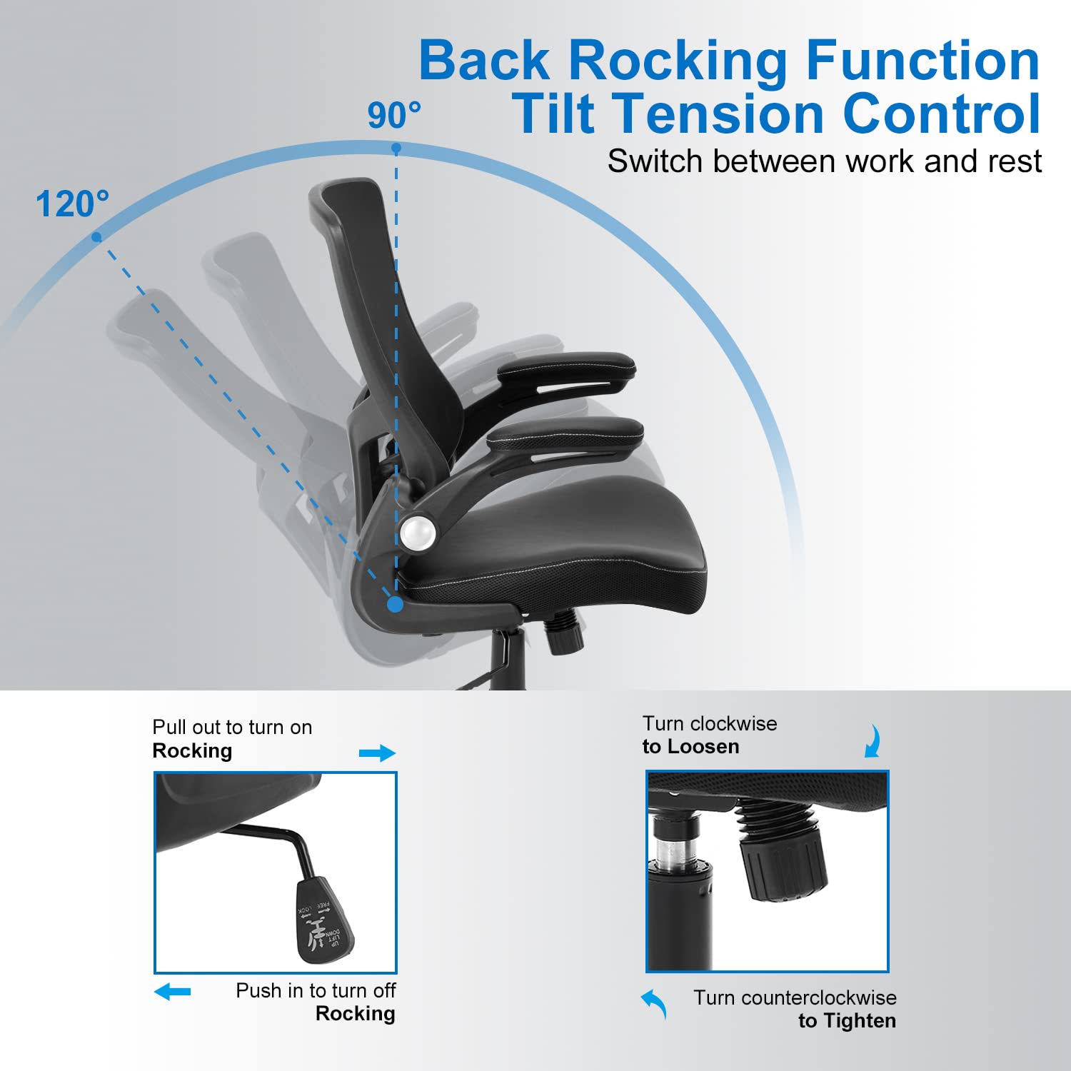 Chair Ergonomic Desk Chair, Computer PU Leather Home Office Chair, Swivel Mesh Back Adjustable Lumbar Support Flip-up Arms Executive Task Chair