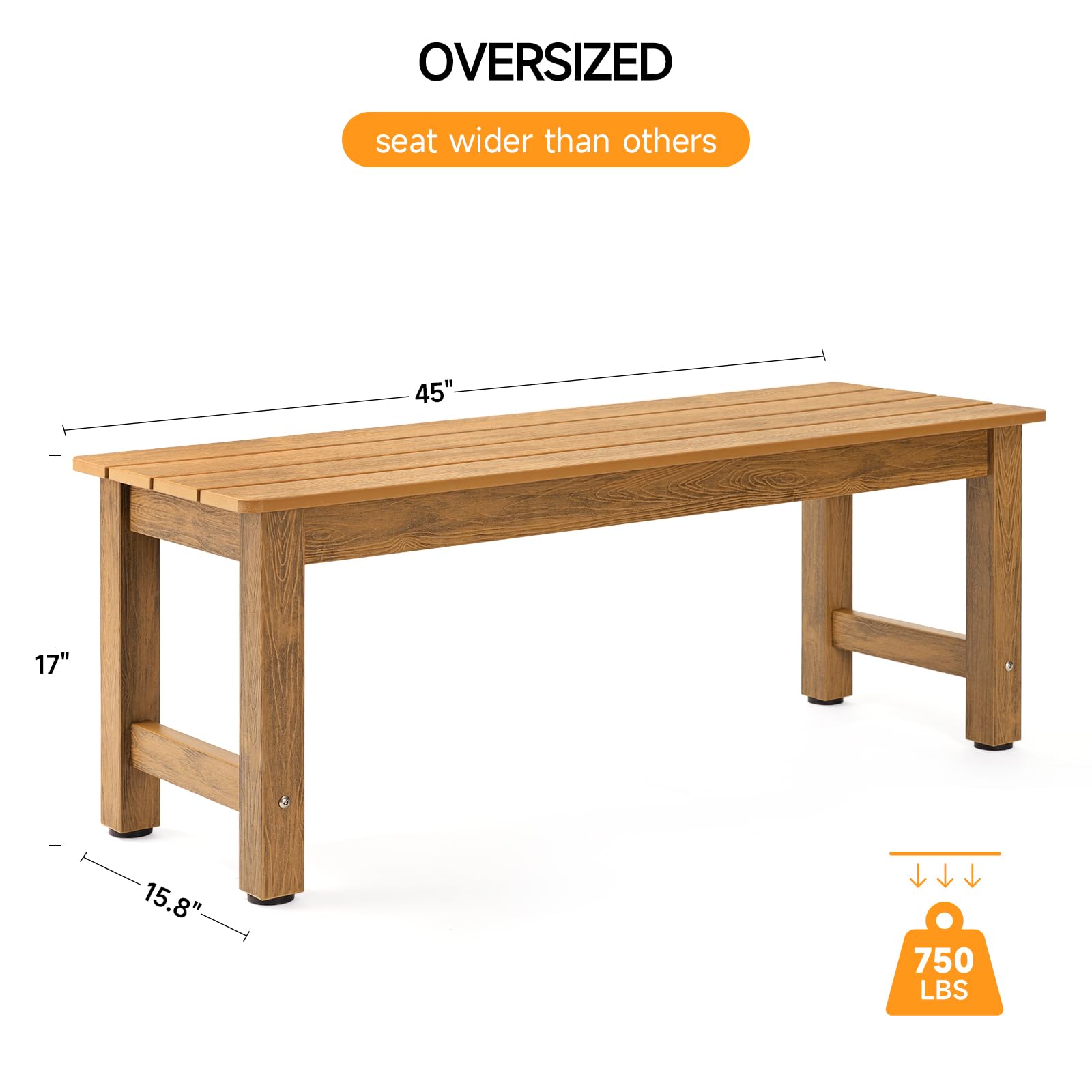 Outdoor 2-Person Bench, All-Weather Poly Lumber Patio Seat, Fade & Rot Resistant, Easy Assembly for Garden, Porch, Backyard, Teak