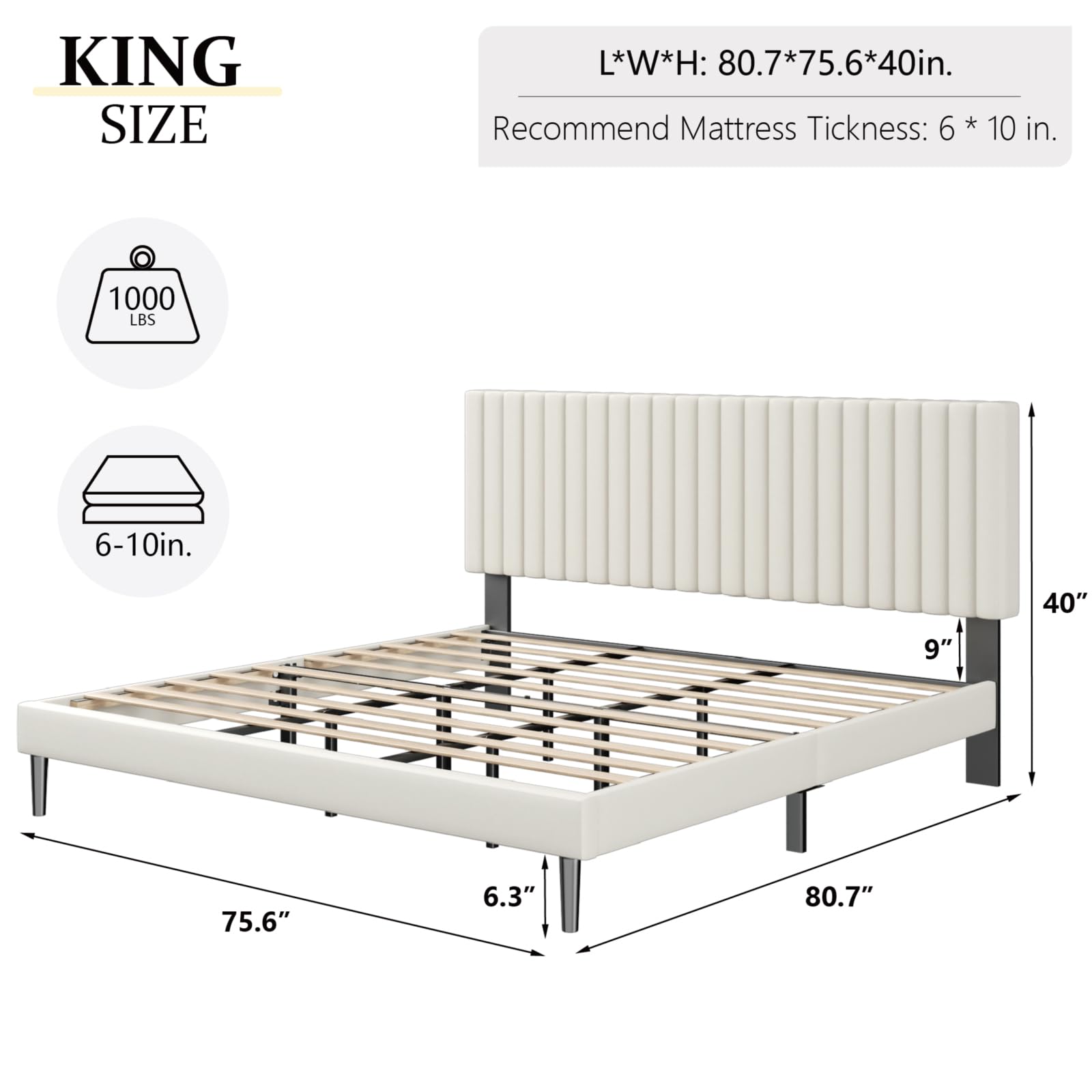King Size Bed Frame,King Size Platform Bed Frame and Velvet Upholstered Headboard with Strong Wood Slats, Box Spring Optional, ,  Beige