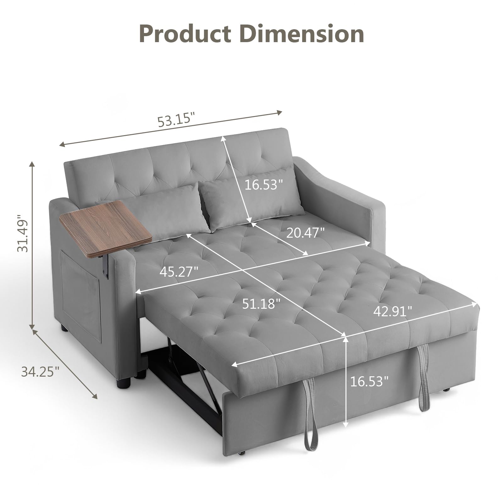 3-in-1 Convertible Loveseat Sleeper Sofa Bed, Pull-Out Couch with 3-Position Backrest & 360° Swivel Side Table, for Small Spaces, Grey