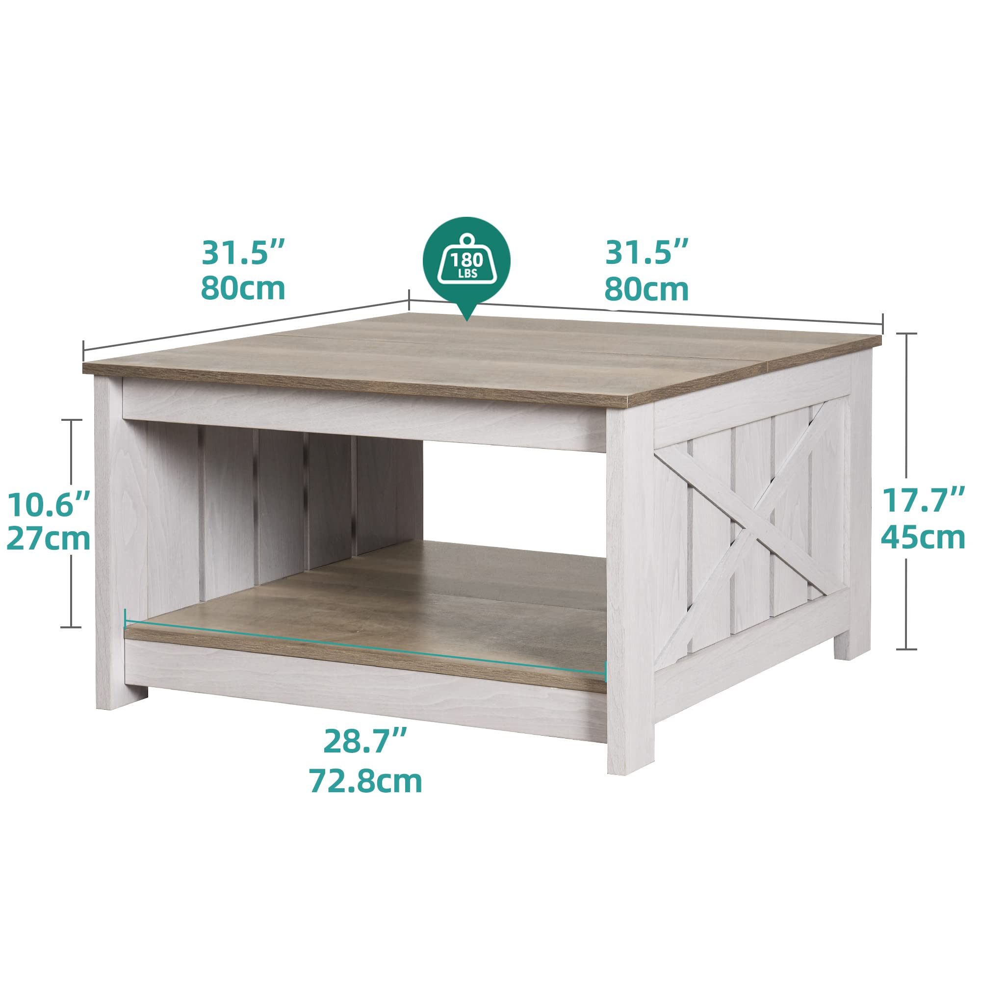 Farmhouse Coffee Table with Storage – Rustic Grey Wood Square Cocktail Table for Living Room, Half Open Compartment Design