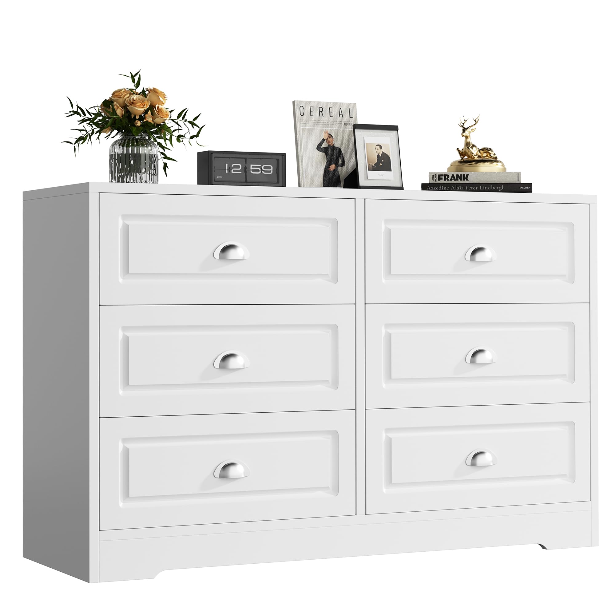 6-Drawer Dresser for Bedroom, Double Chest with Metal Handles, Wooden Storage Organizer TV Stand for Living Room, White
