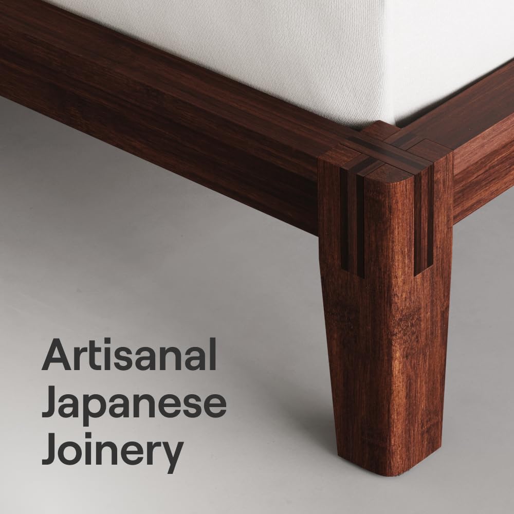Bamboo  - Queen - Walnut - Floating Center Support Legs - 12” Height - Easy Tool Free Set Up - Contemporary and Durable - Sturdy Wooden Support