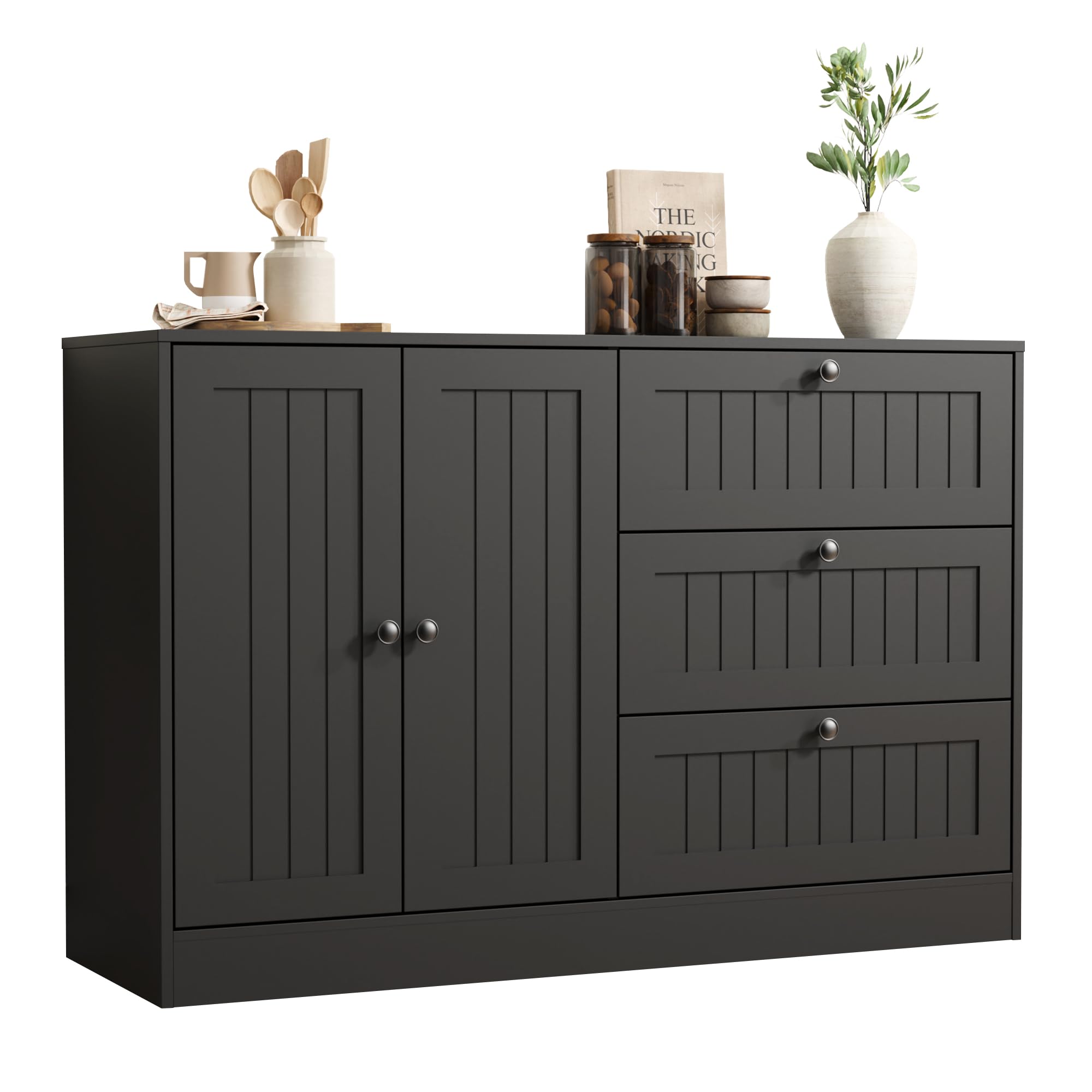 Sideboard Buffet Cabinet with Storage, 47" Large Farmhouse Kitchen Cabinet with 3 Drawers and Doors, Modern Accent Coffee Bar Wood Table
