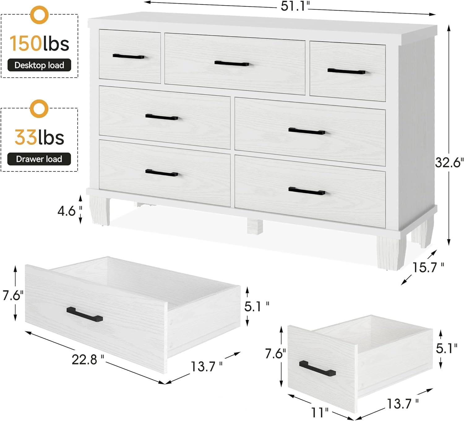 7-Drawer Modern Dresser with Metal Handles, Wooden Chest of Drawers Organizer for Bedroom & Living Room, White Finish