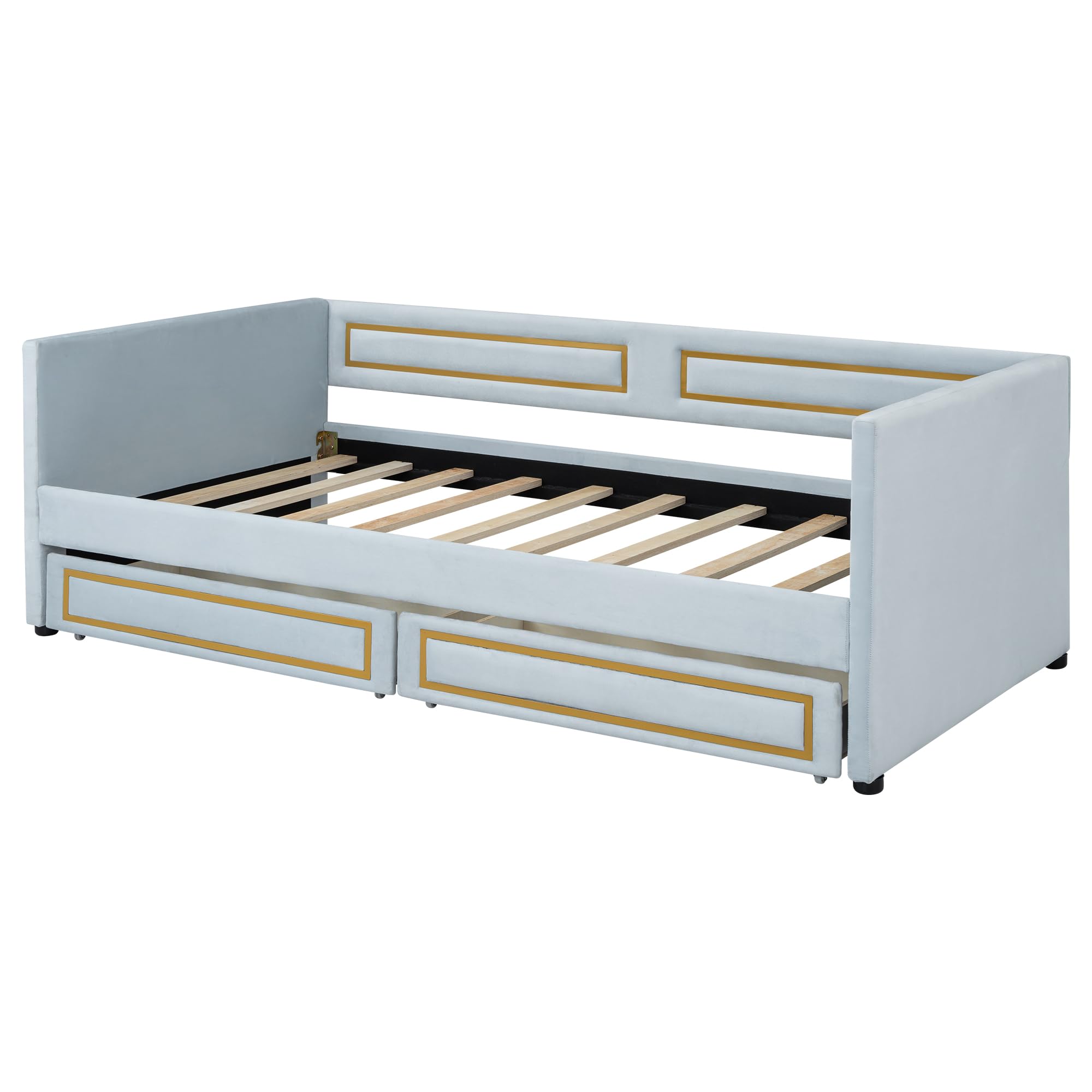 Twin Size Upholstered Daybed with Storage Drawers, Trundle Bed with Metal Border, Backrest & Armrest, Wood Slat Support, Blue