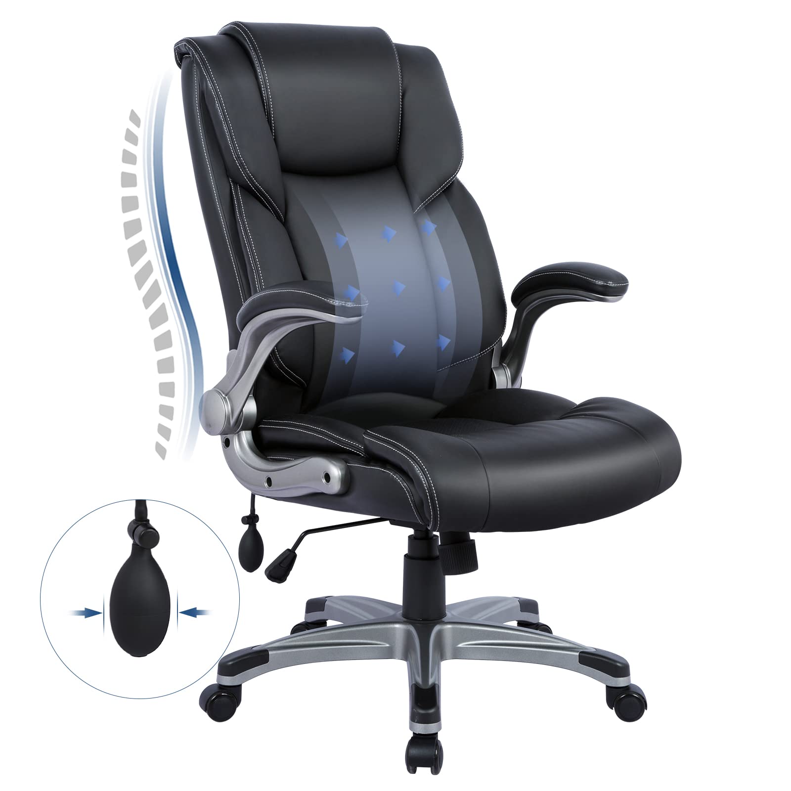 High Back Executive Office Chair, Ergonomic Leather Desk Chair with Padded Flip-Up Arms, Tilt Lock & Swivel for Home Office, Black