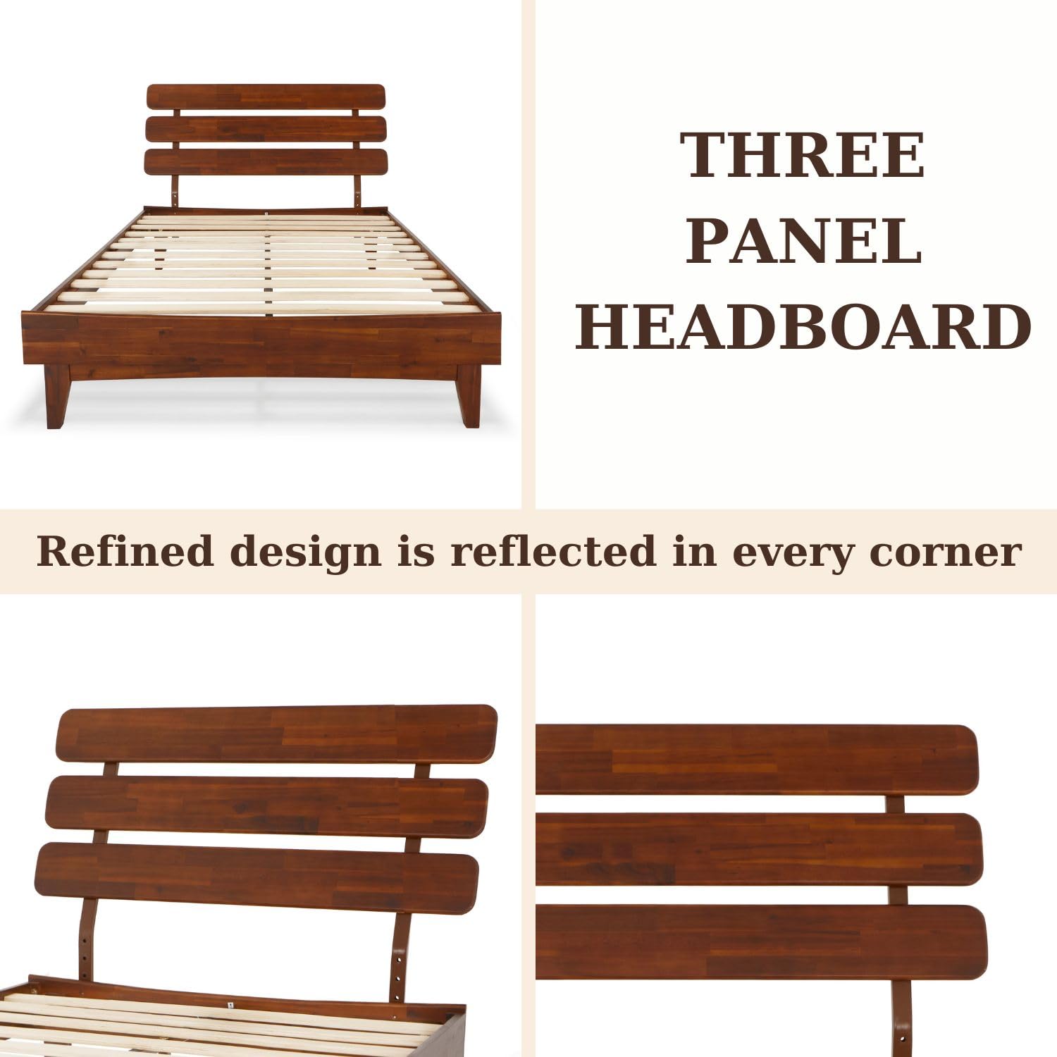 Caden 15 Inch Deluxe Bed Frame with Adjustable Headboard - Mid Century, Retro Style with Acacia Wood -  - 12 Strong Wood Slat Support -