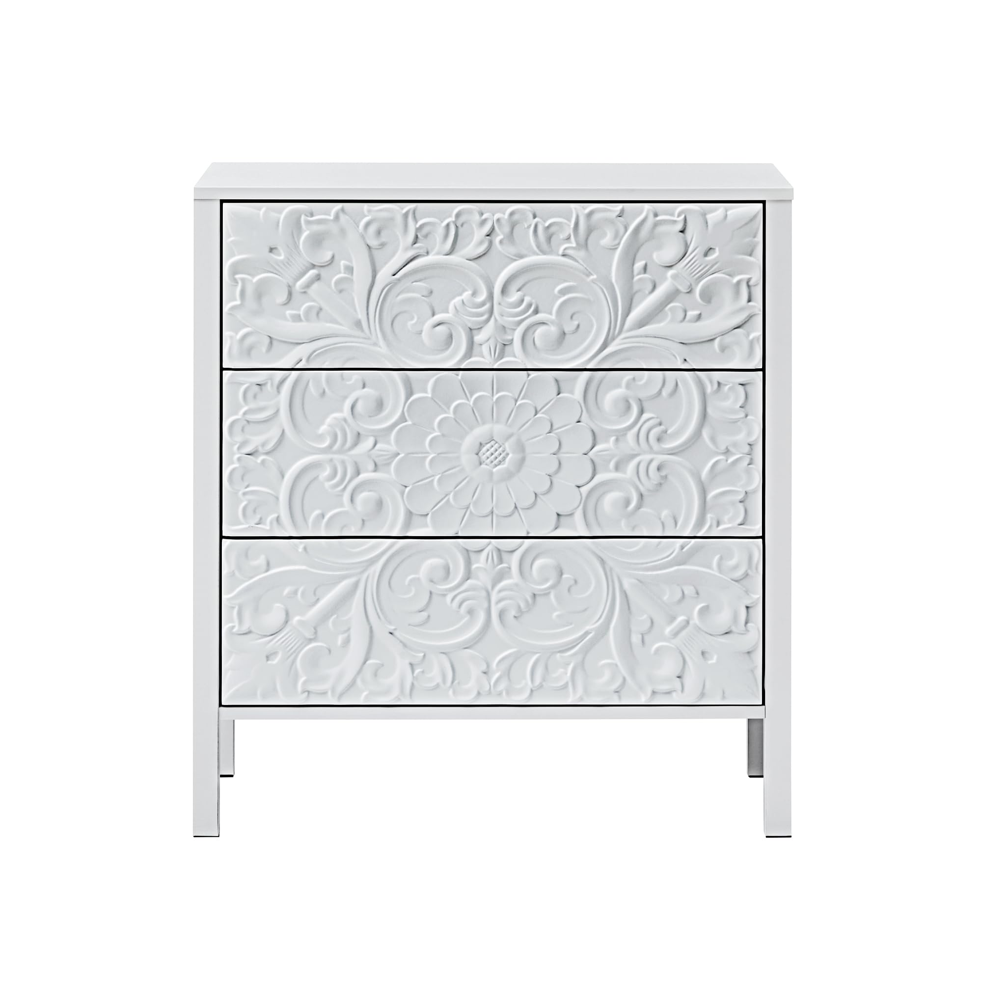 White 3 Drawer Dresser, Wide Chest of Drawers with Storage, Accent Nightstand Cabinet Luxury Carving Dresser for Bedroom Hallway Living Room Entryway Office
