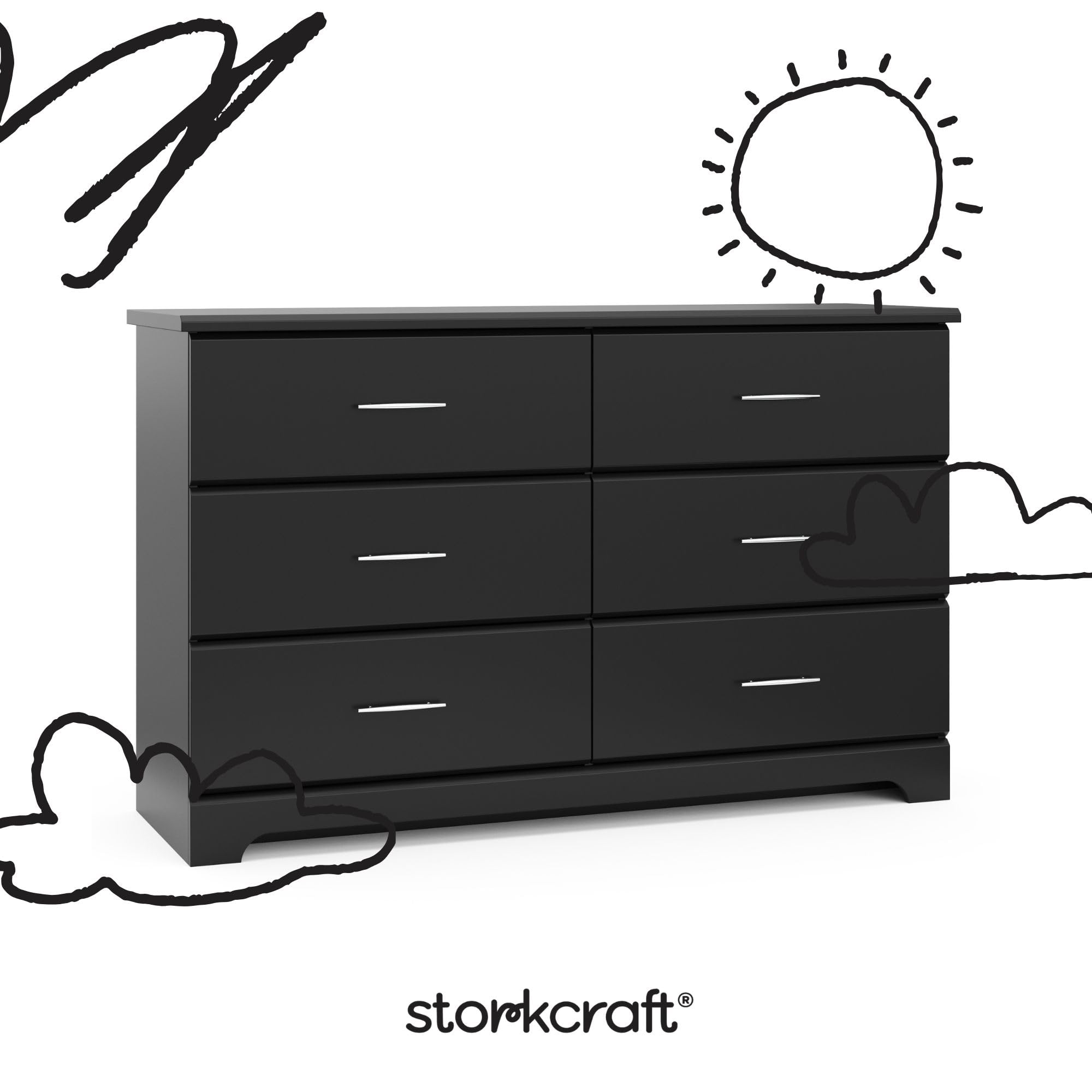 Brookside 6 Drawer Double Dresser for Nursery & Kids, GREENGUARD Gold Certified Chest of Drawers Organizer, Black
