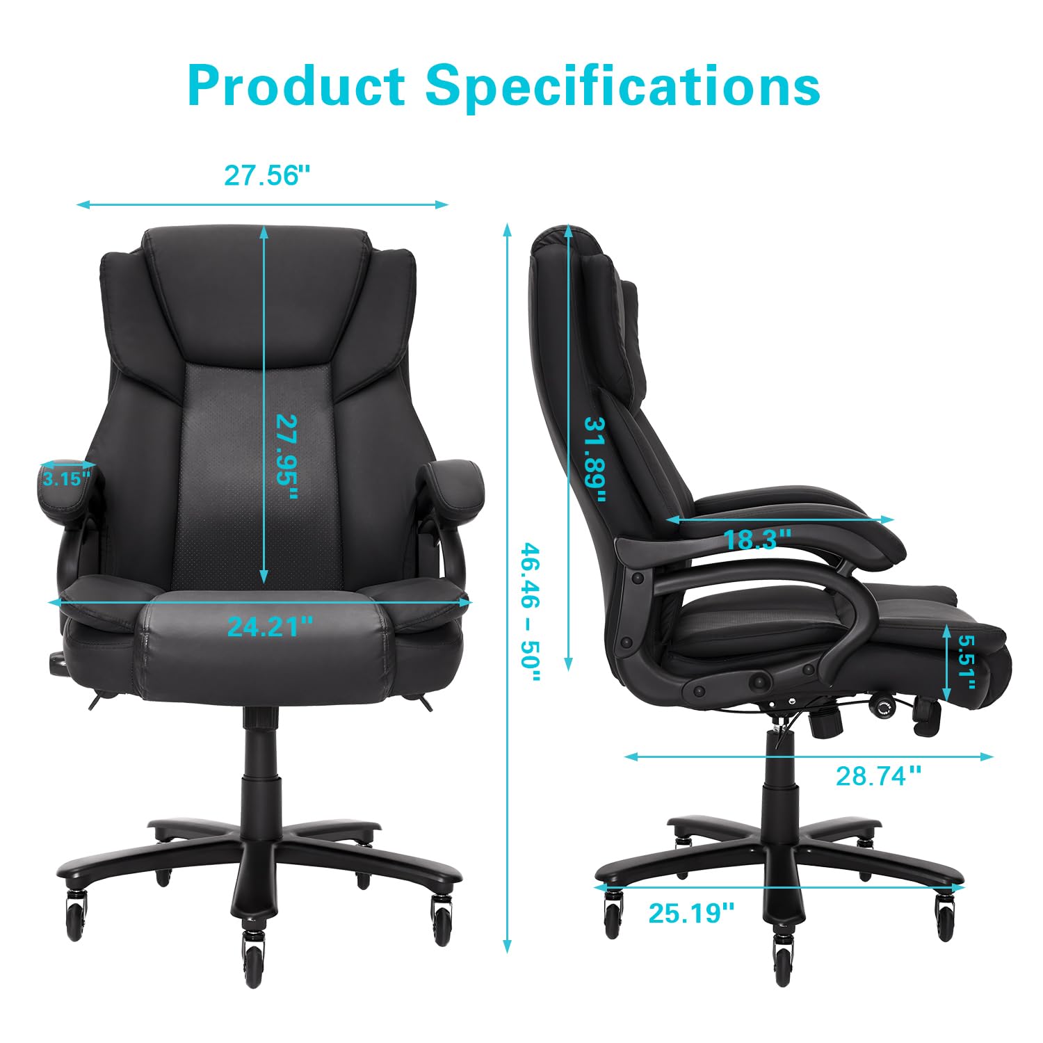 500lbs Big and Tall Office Chair, Heavy Duty Office Chair for Heavy People, High Back Executive Desk Chair with Adjustable Lumbar Support, Quiet Rubber Wheel
