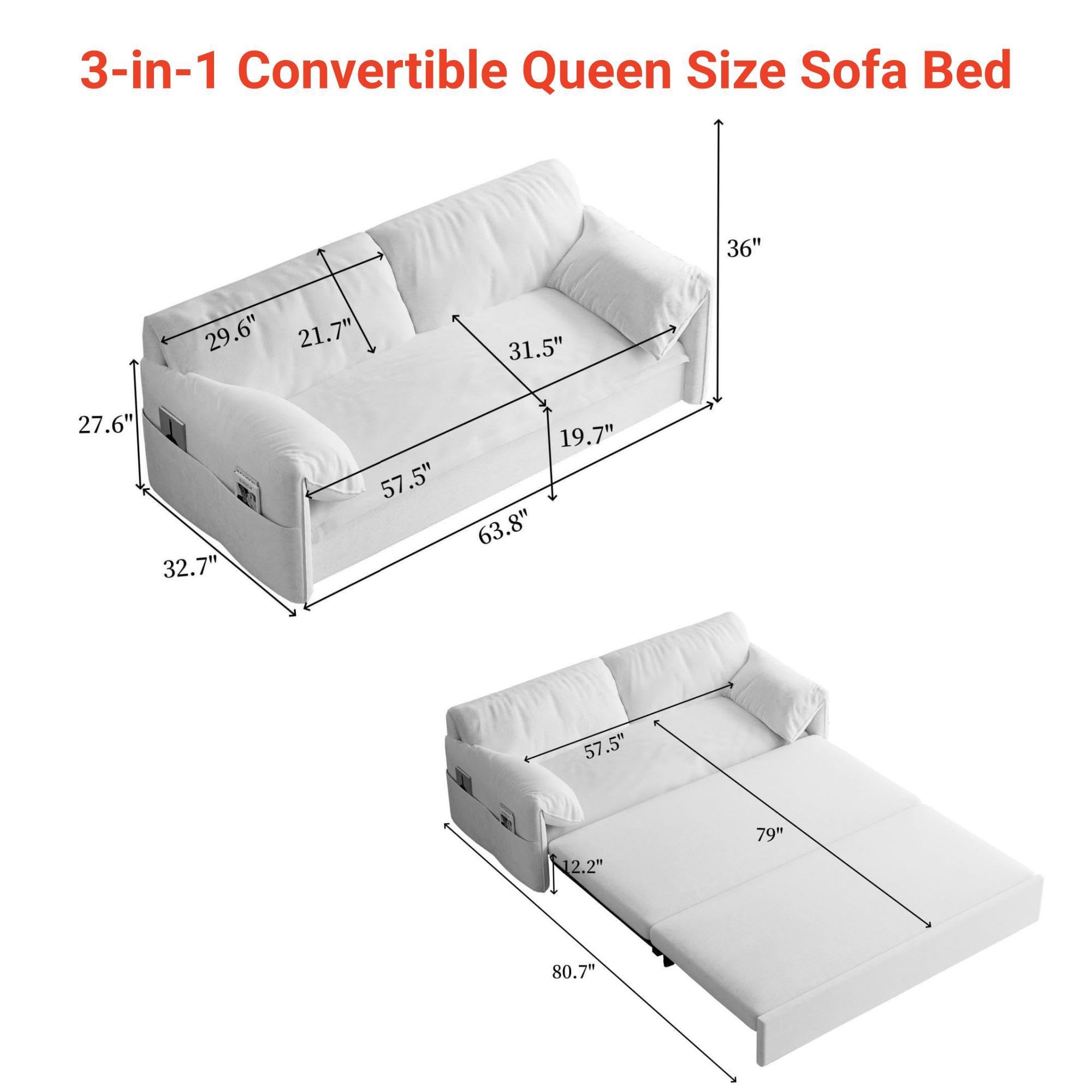 66" Convertible Sleeper Sofa Bed, Velvet Loveseat Pull-Out Couch with Armrest, Backrest & Side Pockets, RV Chaise Lounge for Living Room