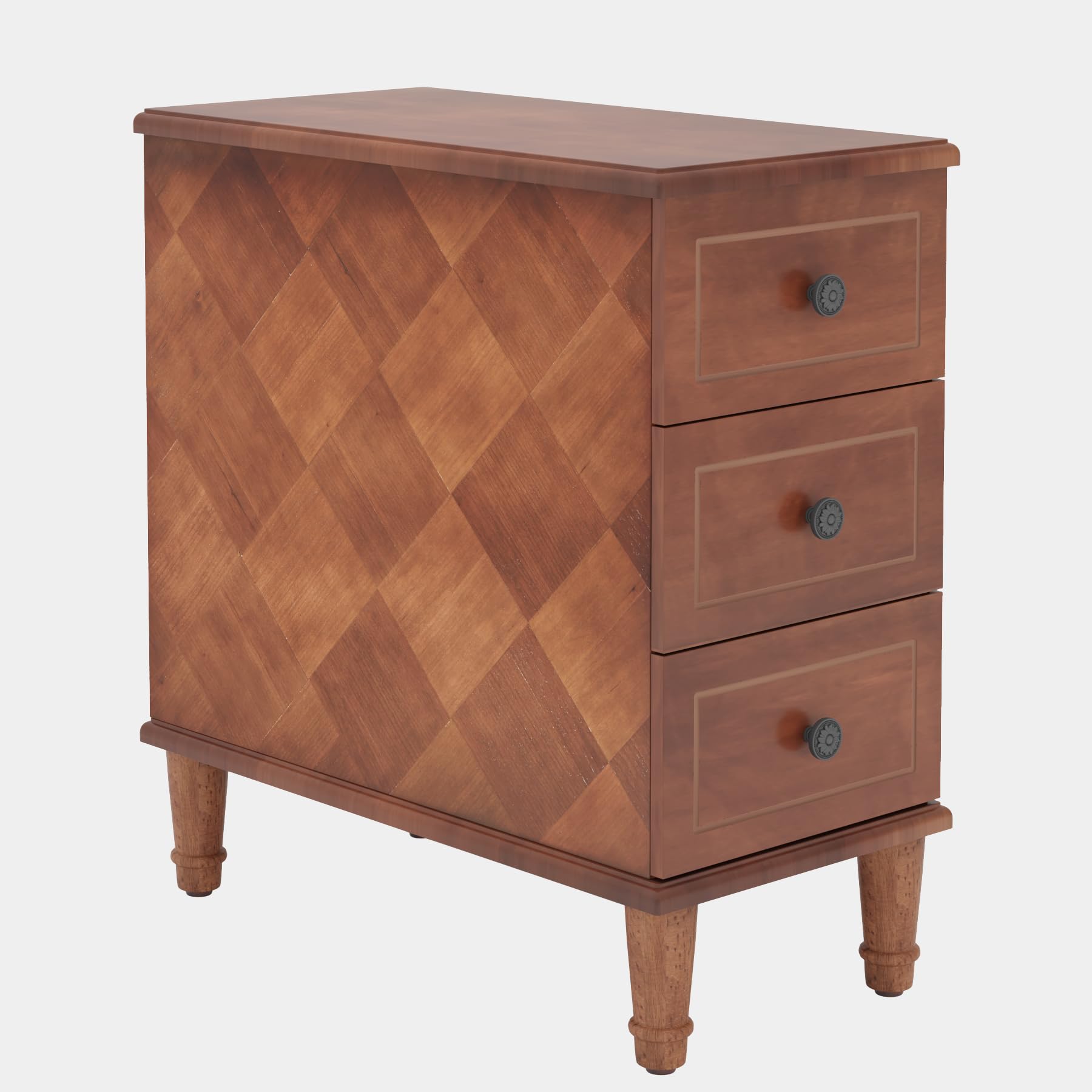 Solid Wood End Table, Fully Assembled Slim Side Table with Drawers, Narrow Nightstand for Small Spaces, Bedroom, Living Room, Brown