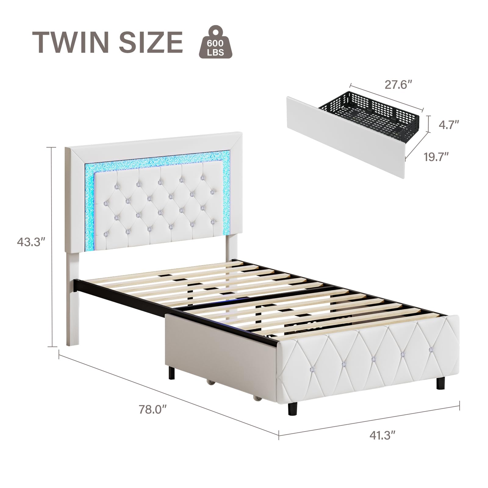Twin Upholstered Bed Frame with LED Lights, Storage Drawers, Crystal Tufted Headboard, Princess Style, No Box Spring – White