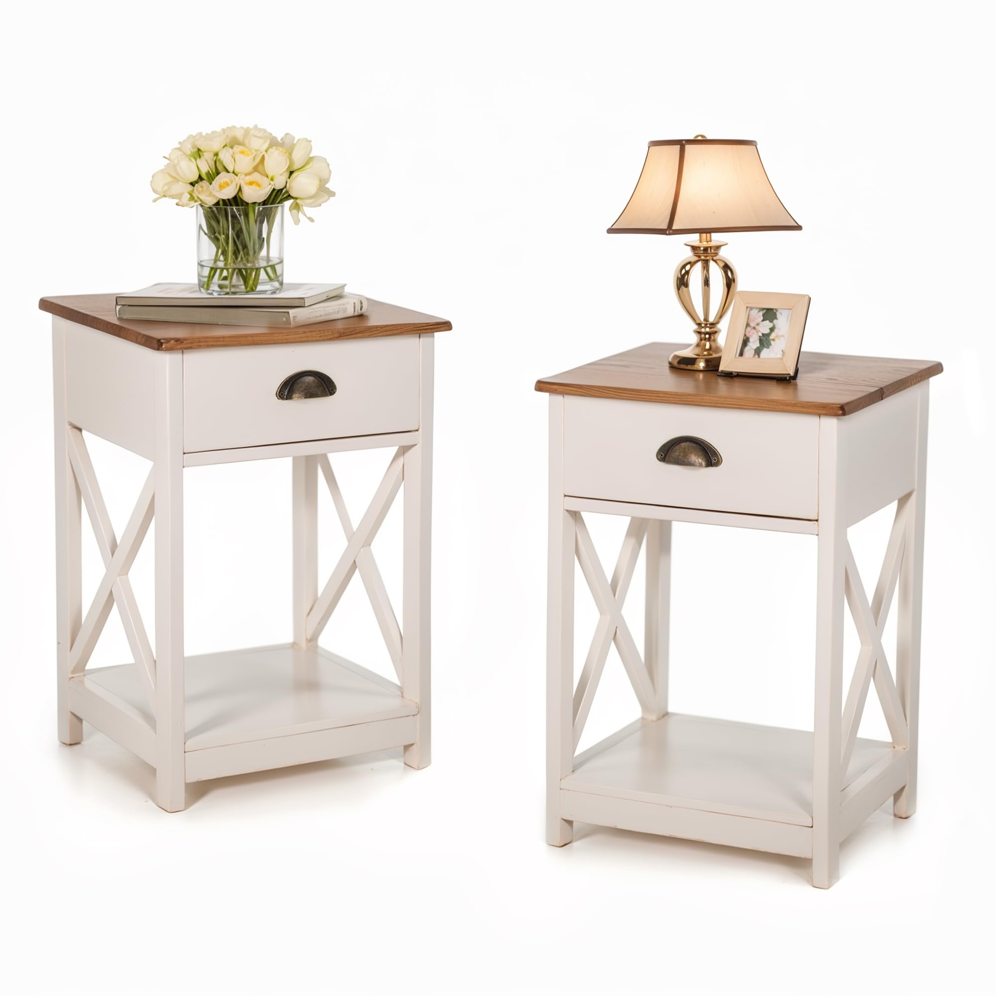 End Table Living Room Set of 2 - Farmhouse Bedroom Nightstands Small Bedside Table, Ivory White Side Table