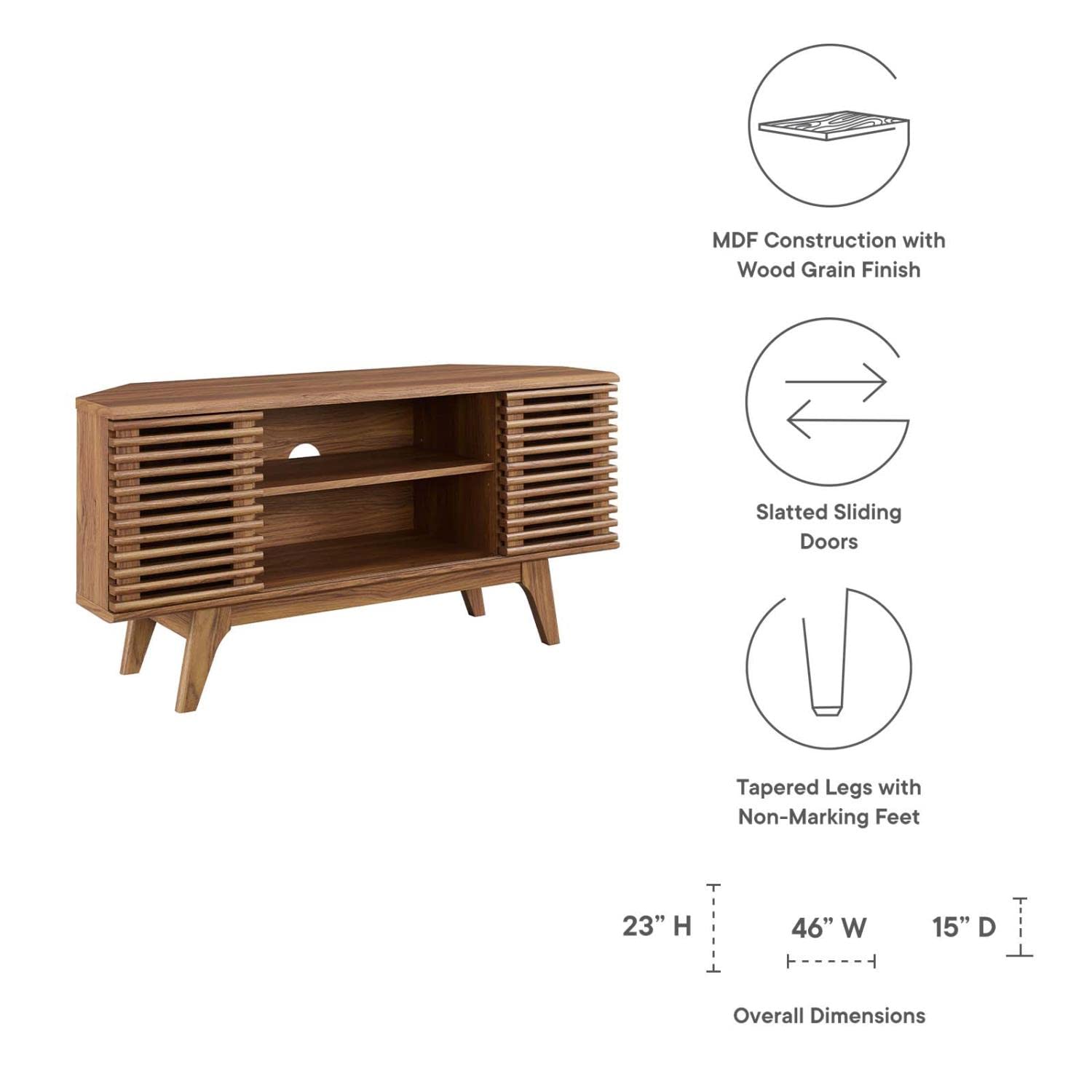Render Mid-Century Modern Low Profile Corner Media TV Stand in Wal, 15 x 46 x 23