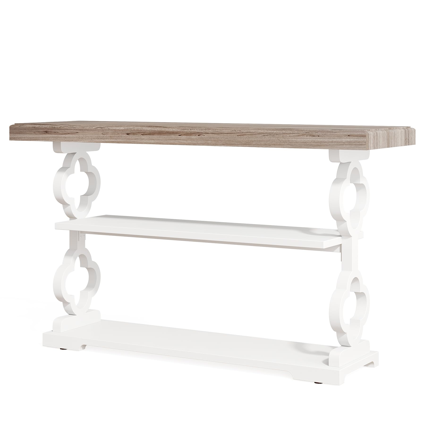 55" Farmhouse Console Table, 3-Tier Wood Sofa Table with Storage Shelves for Entryway, Hallway, Living Room, Grey & White