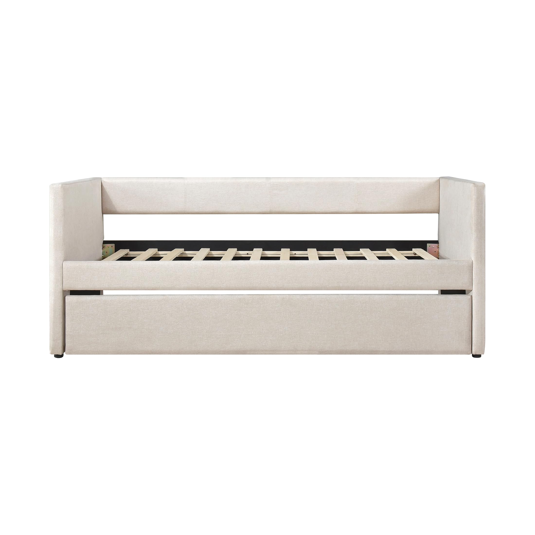 Upholstered Twin Daybed with Trundle, Textured Fabric Sofa Bed with Backrest & Wood Slat Support for Bedroom, Guest Room, Beige