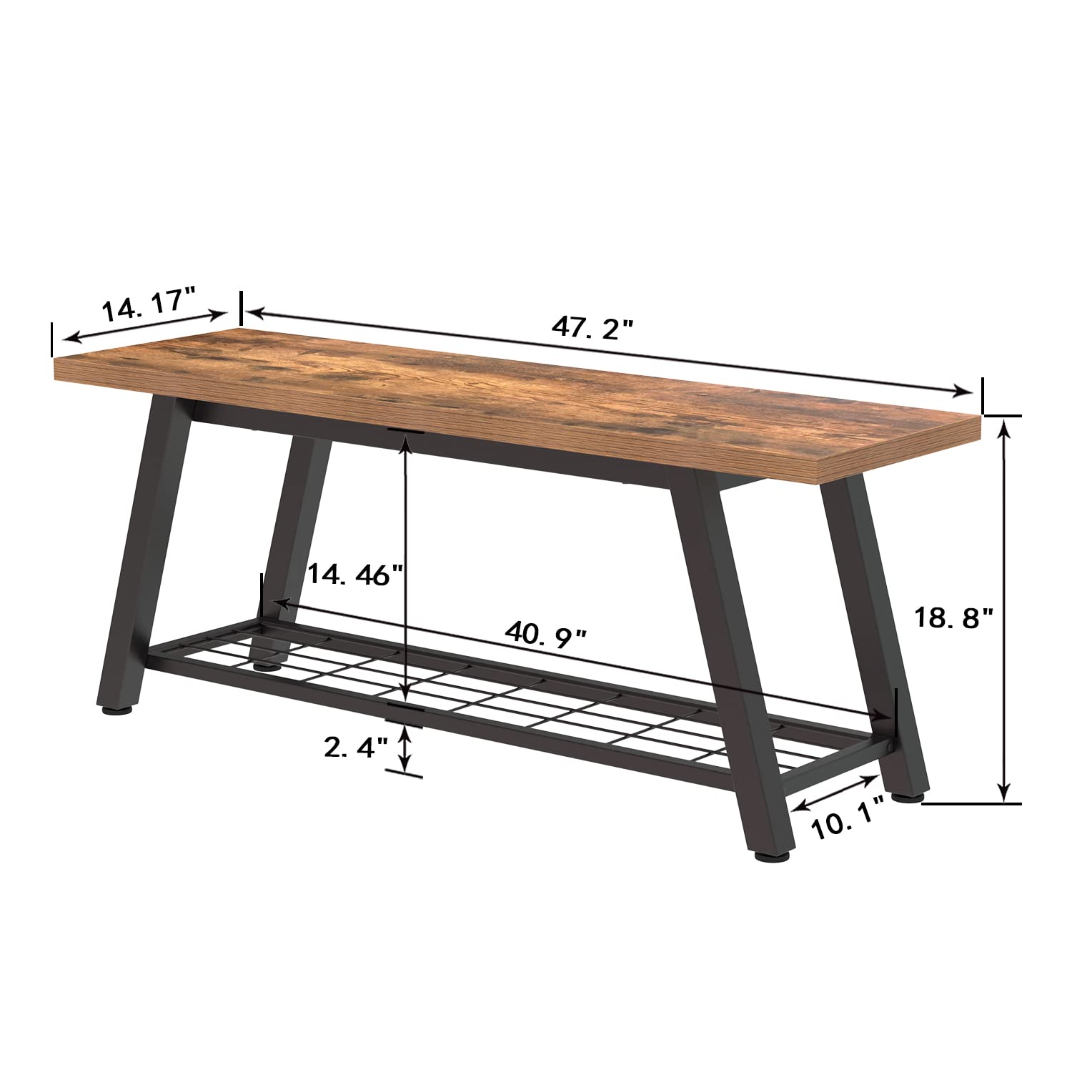Storage Bench Industrial Rustic Wooden and Metal Entryway Shoe Boots Storage Rack Long Bench Seat for Hallway Bedroom Retro Brown Farmhouse Style