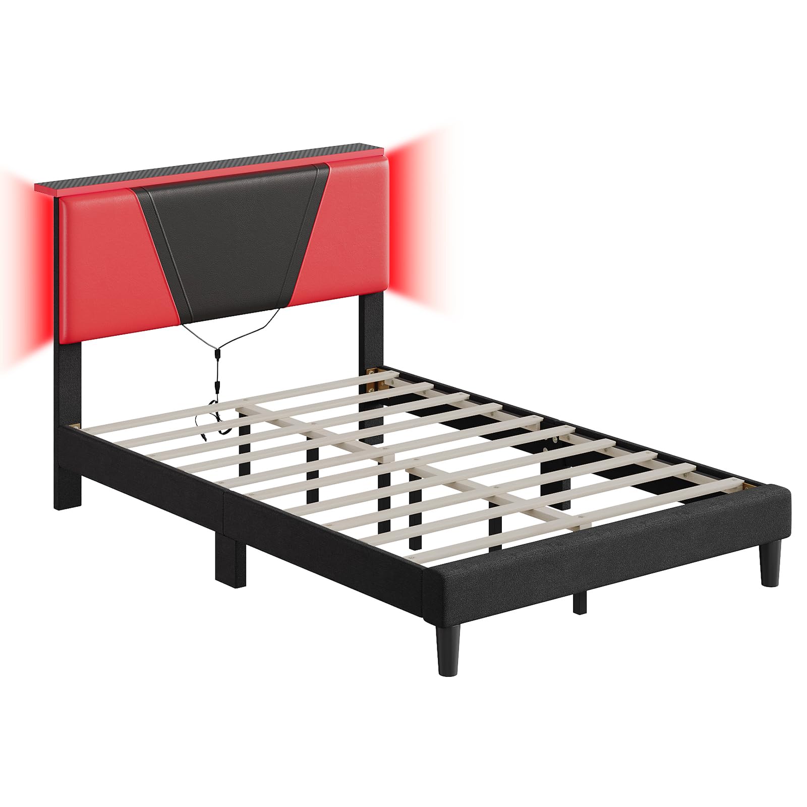 Full Size LED Bed Frame with Adjustable Headboard, Faux Leather Gaming Bed with Storage Shelf, Noise-Free Slats, Black-Red