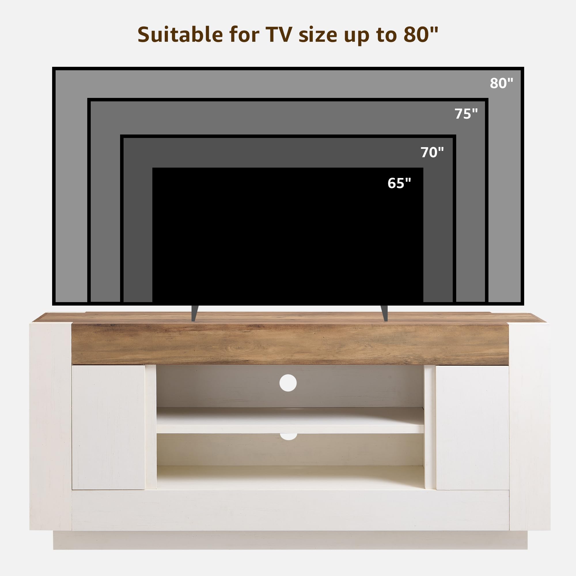 Modern 70" TV Stand, Entertainment Center for TVs up to 80", Media Console with Open Storage & Side Cabinets, Thick Wood Design, Antique White
