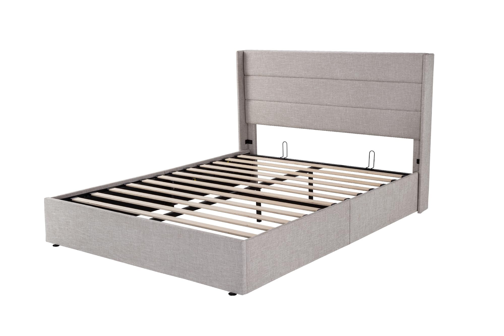 Queen Size Lift Up Storage Bed, Modern Wingback Headboard, Hydraulic Support, No Box Spring Needed, Light Beige