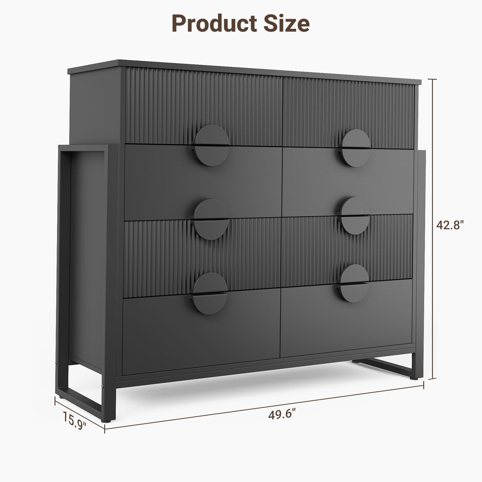 Fluted Black Dresser, 50" Wide Modern Chest with 8 Deep Drawers, 42.8" Tall, Raised H Legs & Curved Profile, Easy Round Handles, Black