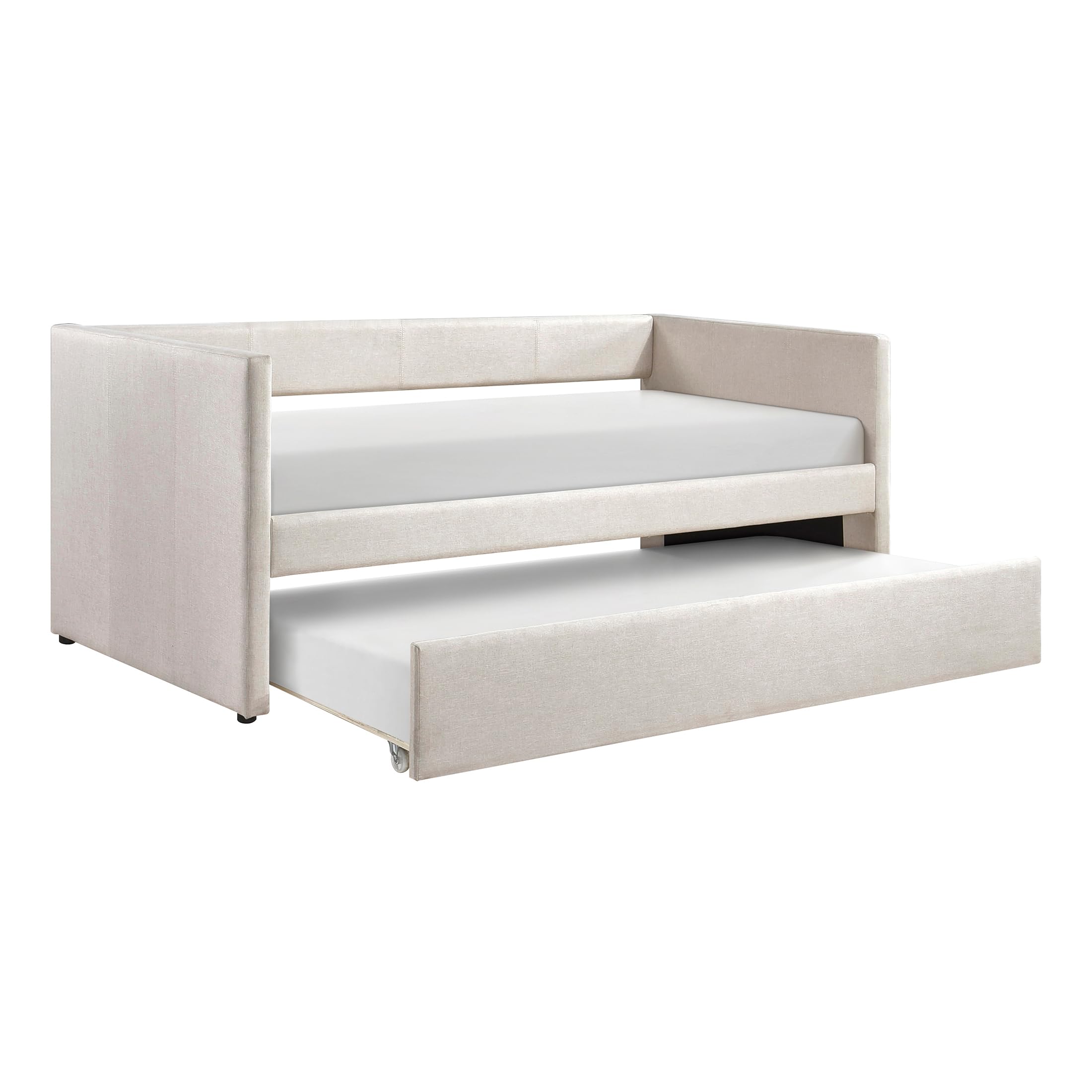 Upholstered Twin Daybed with Trundle, Textured Fabric Sofa Bed with Backrest & Wood Slat Support for Bedroom, Guest Room, Beige