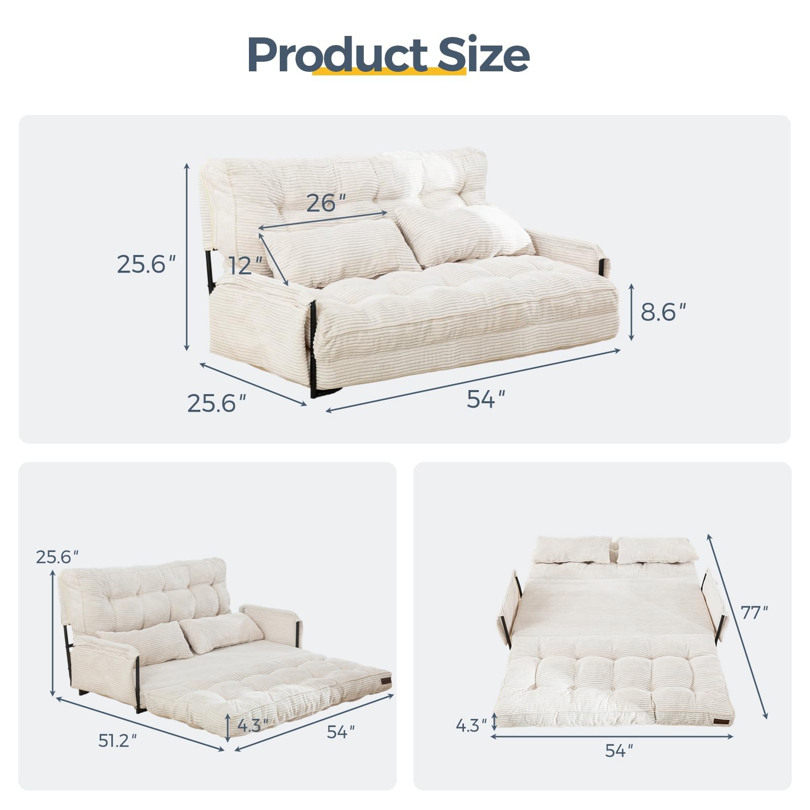 Adjustable Floor Sofa Couch with 2 Pillows, 5-Position Foldable Sleeper Bed, Lazy Bean Bag Sofa for Reading, Gaming, Beige, Double Size