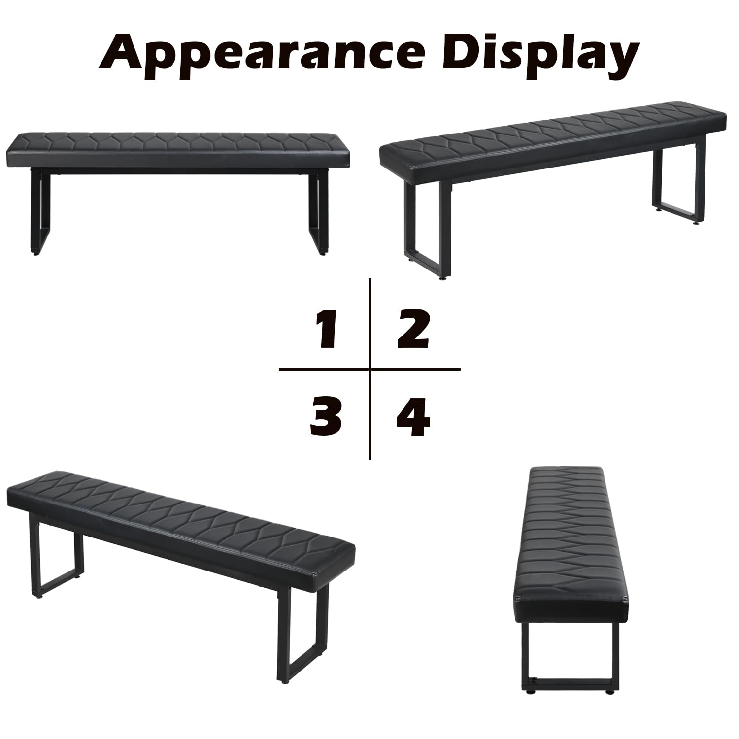 Set of 2 Padded 58" Dining Benches, Faux Leather Extra Long Cushioned Seats for 6–8 People, Entryway, Bedside, Dining Room, Black