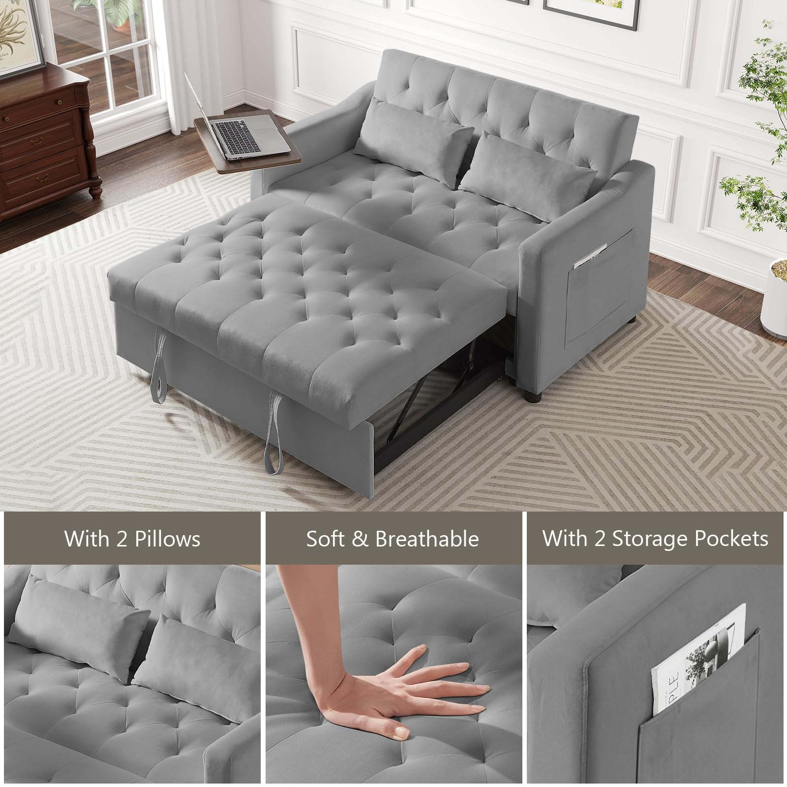 3-in-1 Convertible Loveseat Sleeper Sofa Bed, Pull-Out Couch with 3-Position Backrest & 360° Swivel Side Table, for Small Spaces, Grey