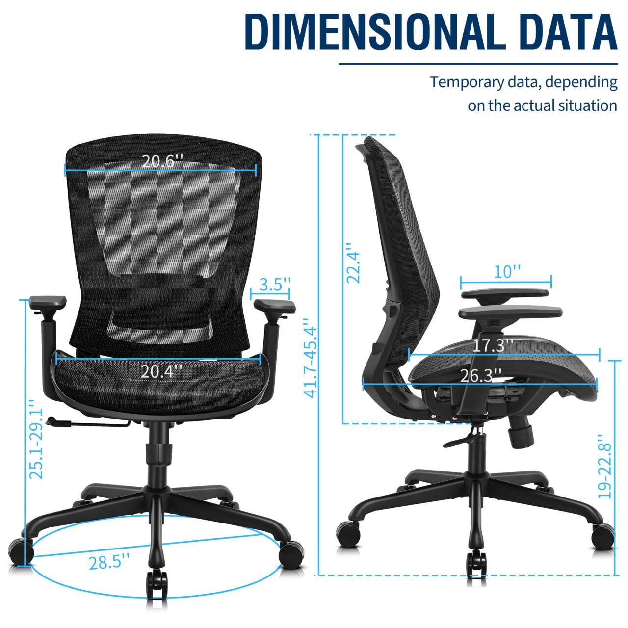 Mesh Office Chair, Ergonomic Computer Desk Chair with Adjustable Lumbar & Armrests, Tilt Function, Wide Seat, Swivel Task Chair, Black