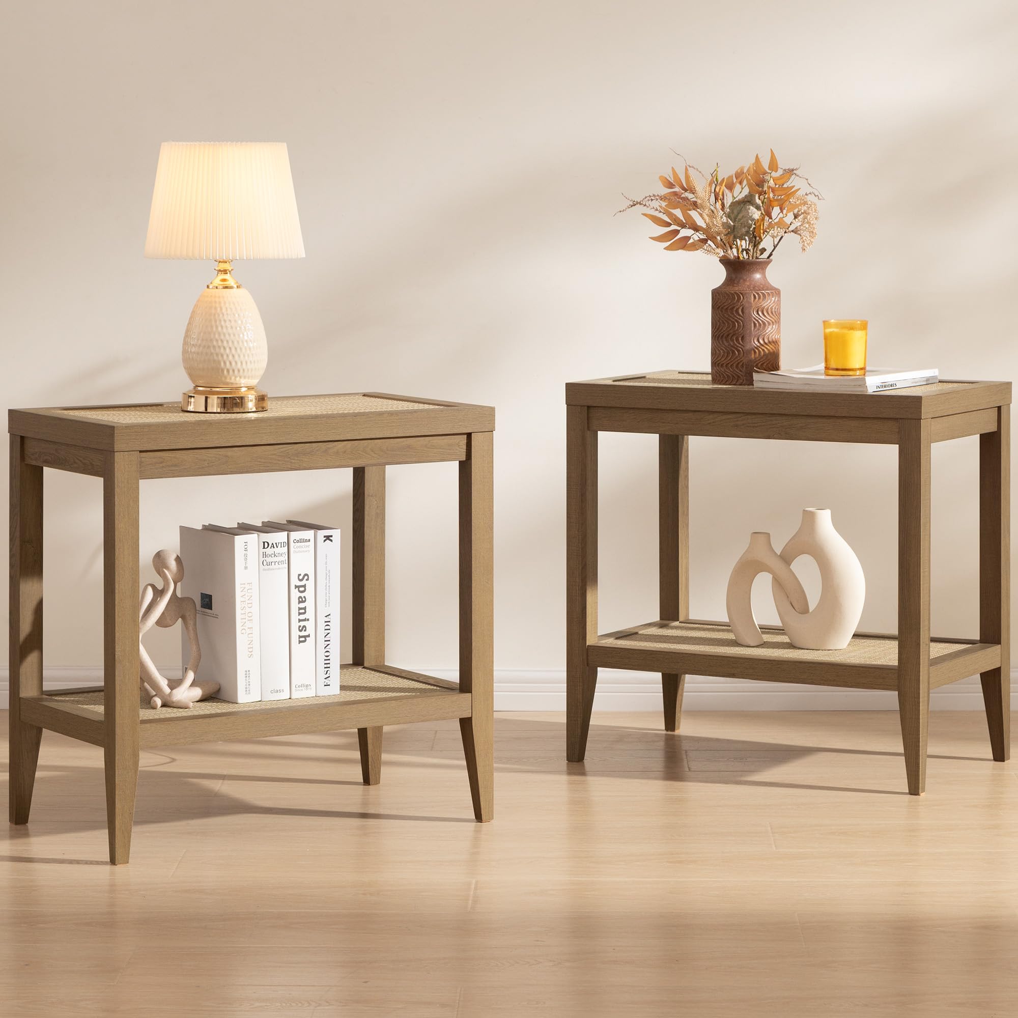Rattan Nightstands Set of 2 Bedside Table - Boho Narrow End Table Living Room Set of 2 Side Table with Rattan Storage Shelves for Small Space