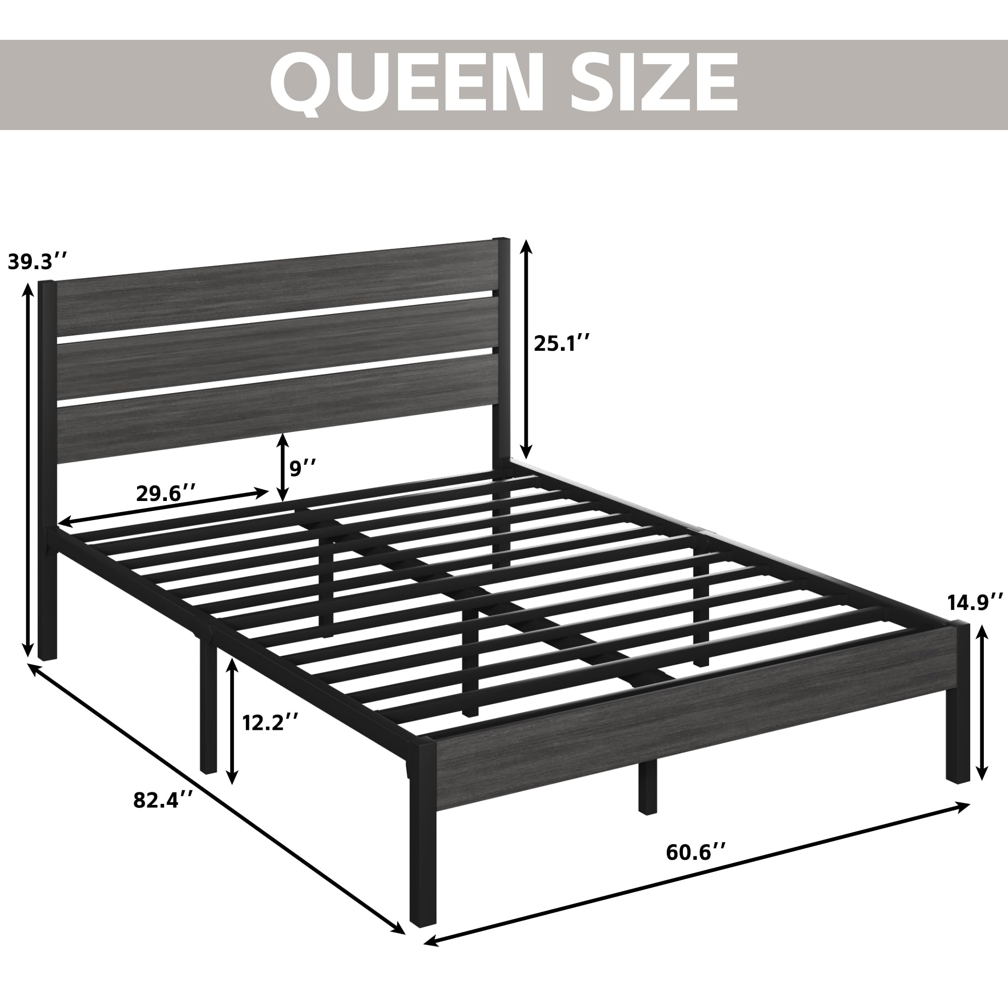 Queen Bed Frame with Headboard and Footboard, Metal Platform Bed Frame with Under Bed Storage, All-Metal Support System, , ,Rustic Grey