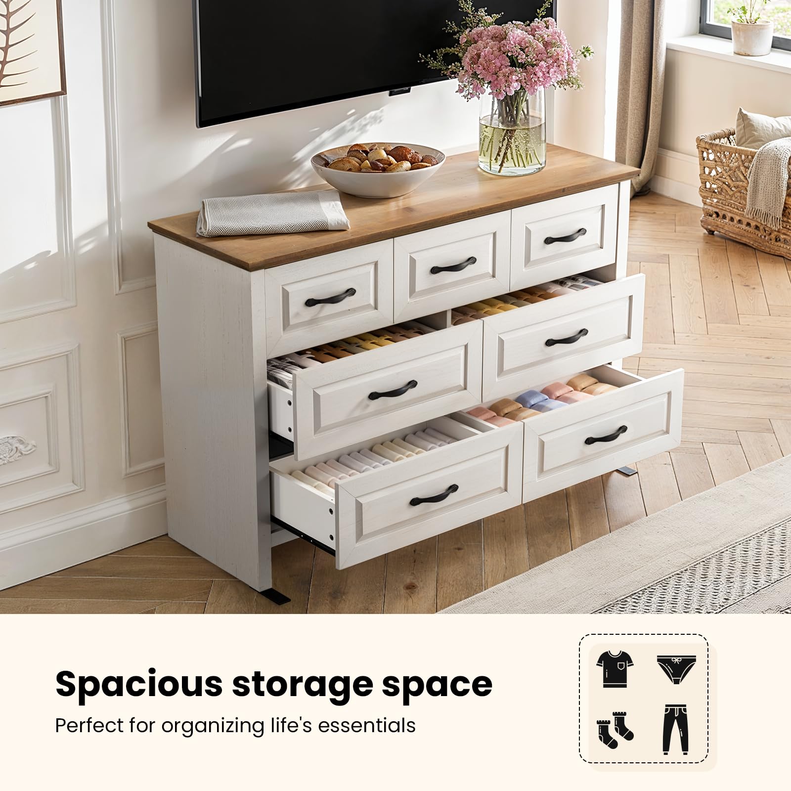 Farmhouse 7-Drawer Dresser for Bedroom, 47.2" Wide Wood Chest with Natural Texture & Large Drawers for Living Room, Hallway, Brown & White