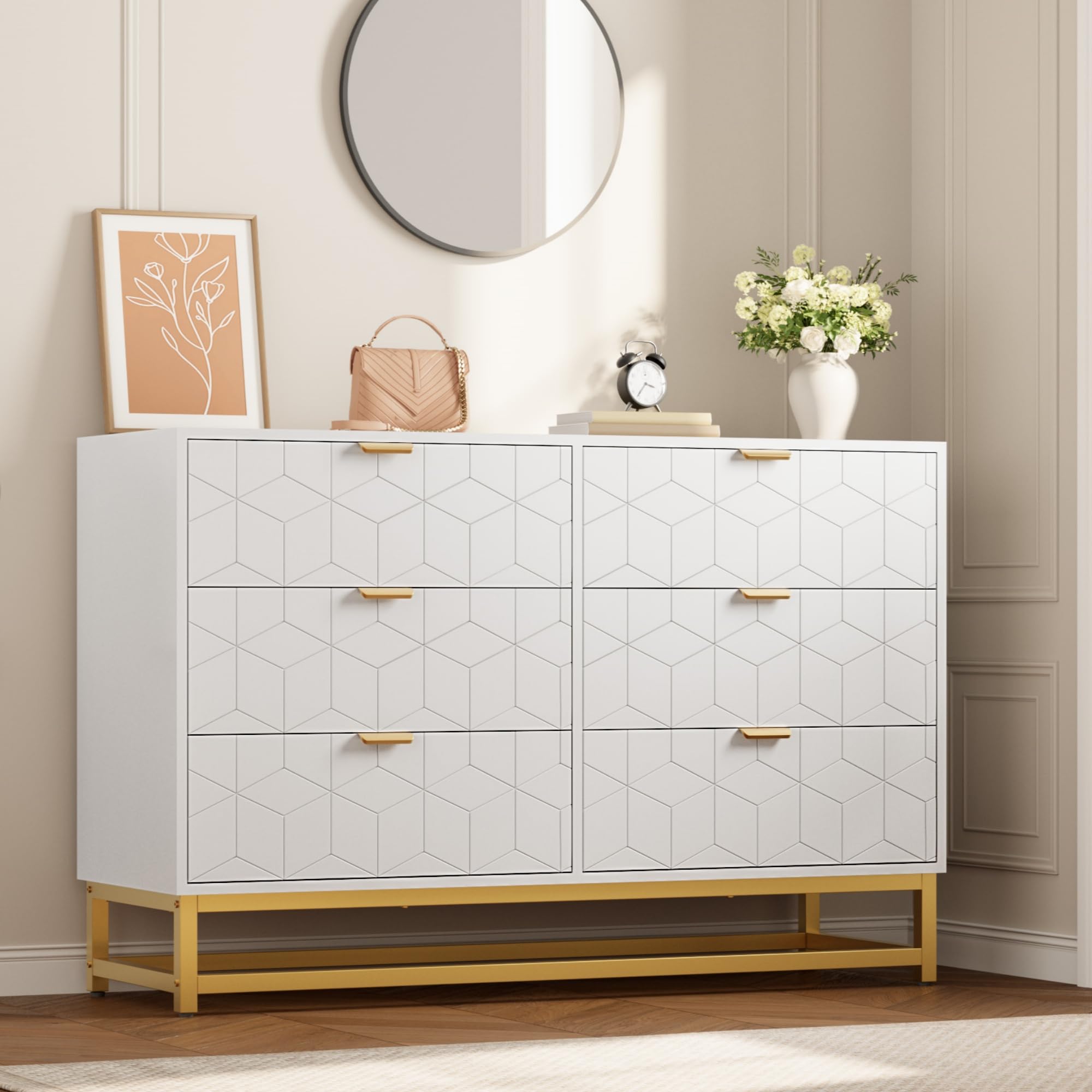 Modern White 6 Drawer Double Dresser with Gold Handles, Long Storage Chest for Bedroom, Closet, TV Stand, Entryway, Living Room
