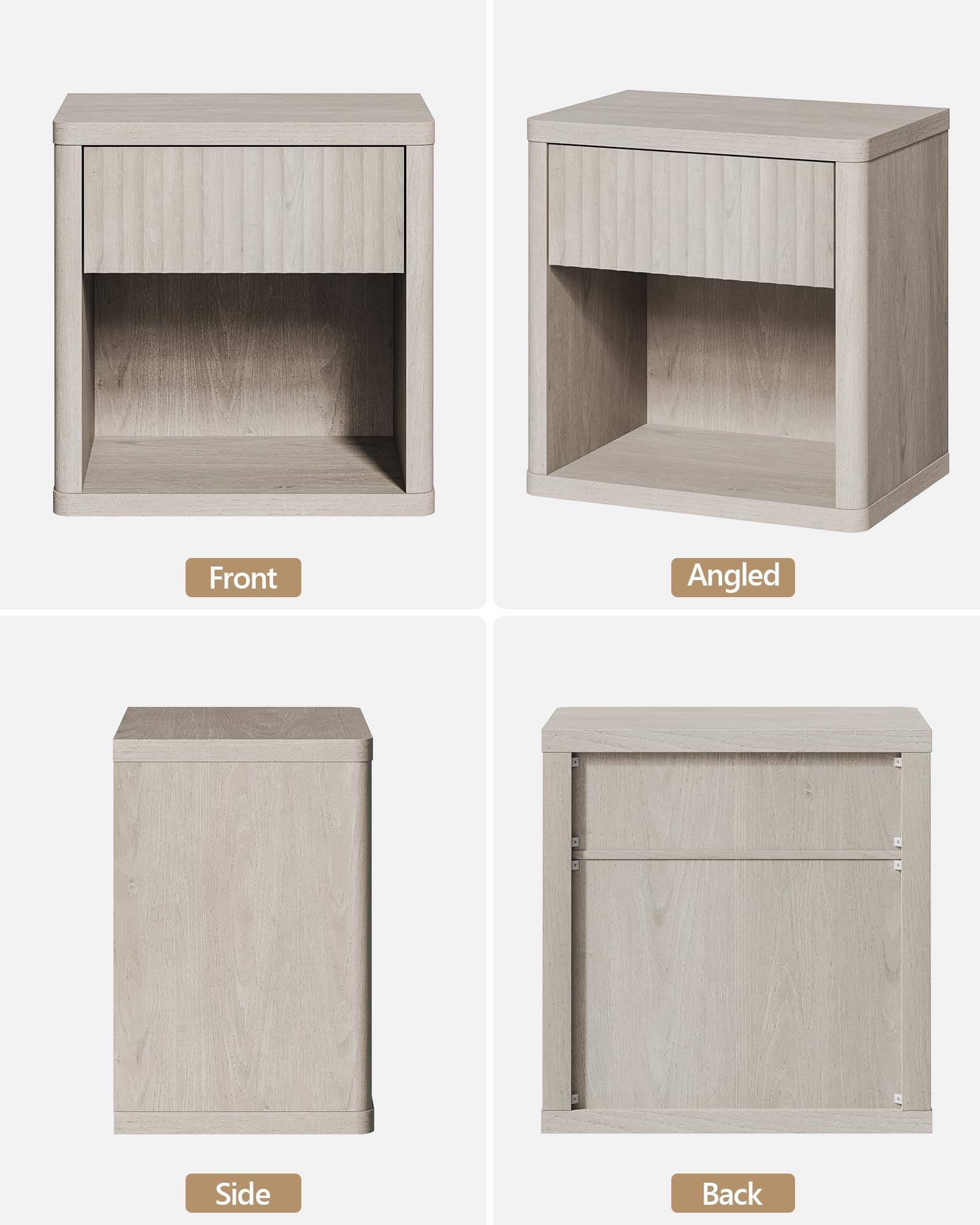 Set of 2 Modern Nightstands with Drawer Storage, Fluted Bedside Tables, Wide Mid-Century End Tables for Bedroom, Living Room, White Alder