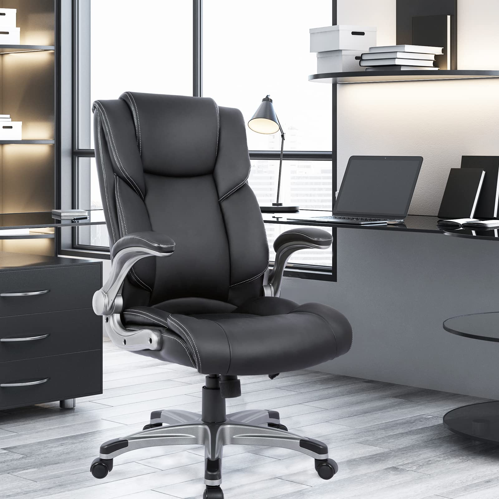 High Back Executive Office Chair, Ergonomic Leather Desk Chair with Padded Flip-Up Arms, Tilt Lock & Swivel for Home Office, Black