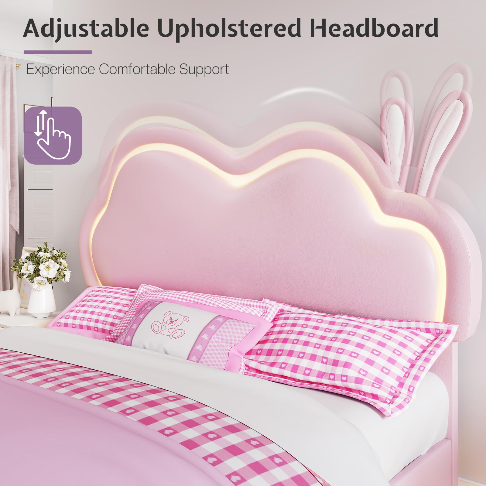 LED Full Bed Frame for Girls Upholstered Floating Bed with Cute Cloud Headboard, No Box Spring Needed, Leather, Pink