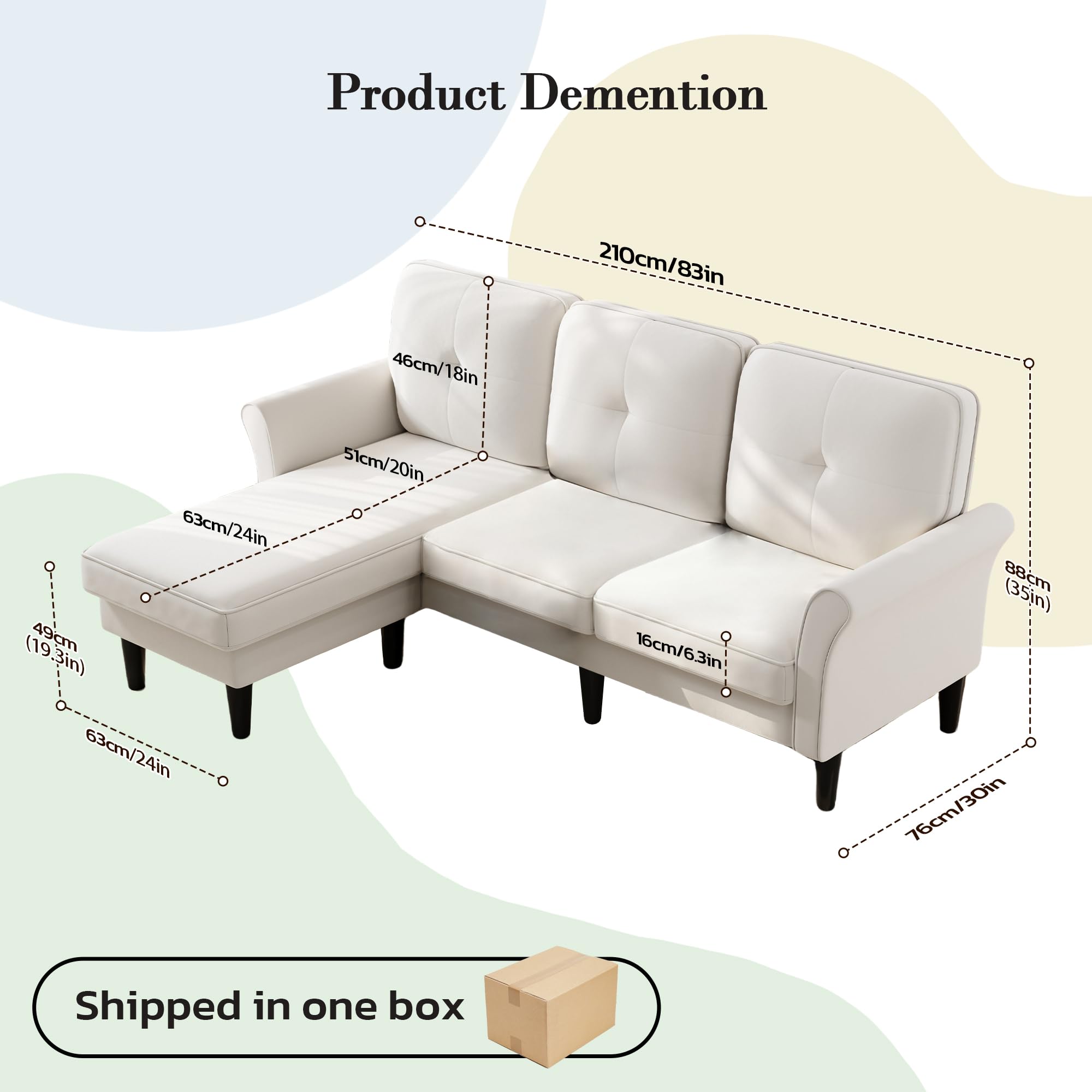 83" Velvet Sectional Couch, Modern 3-Seater L-Shaped Sofa with Ottoman, Small Sofa for Living Room, Bedroom, Apartment, Office, Beige