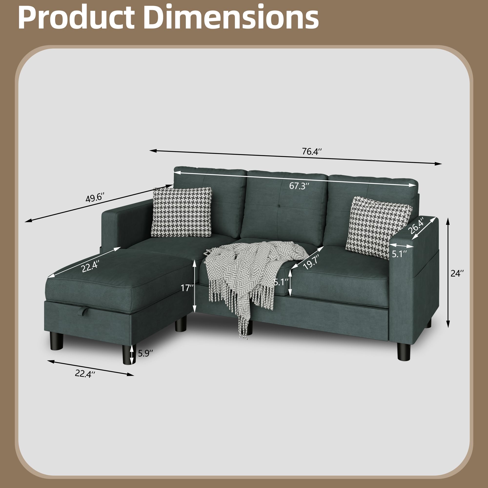 Convertible Sectional Couch, 3-Seat L-Shaped Sofa with Movable Ottoman, Polyester Fabric Sofa for Living Room, Apartment, Office, Dark Green