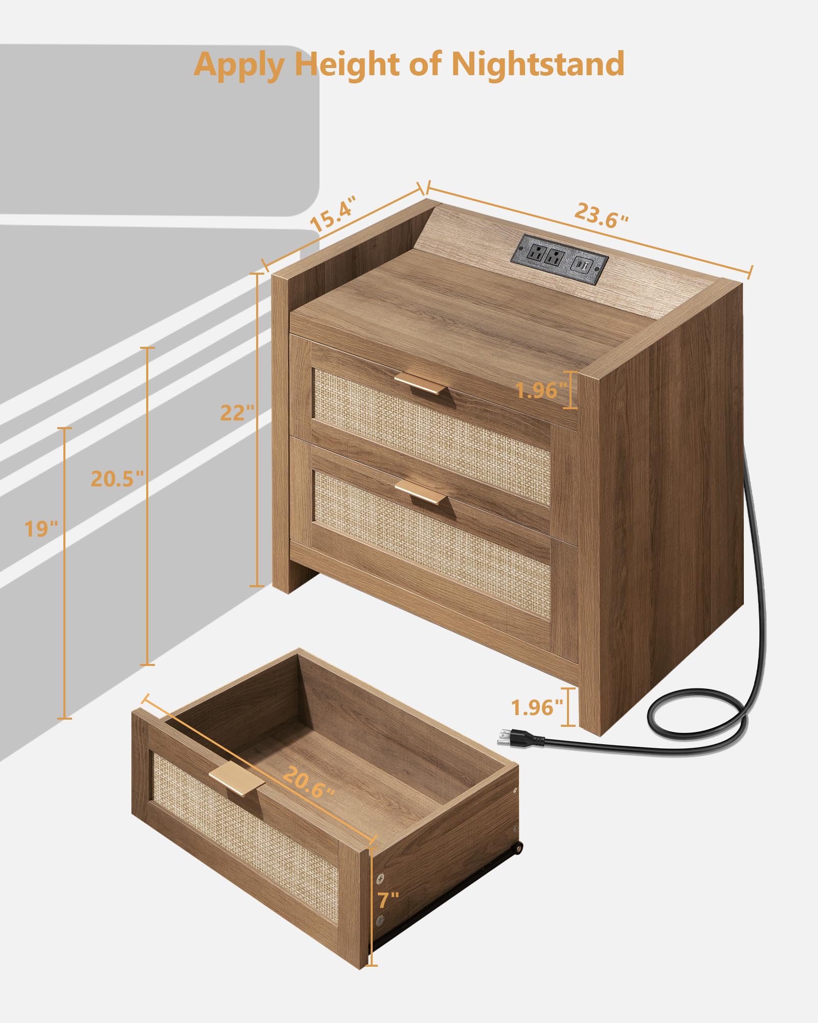 Night Stand Set of 2 - Rattan Nightstands with Type-C Charging Station, 2 Rattan Drawers - Boho Bed Side Tables End Table for Small Space - Natural Oak