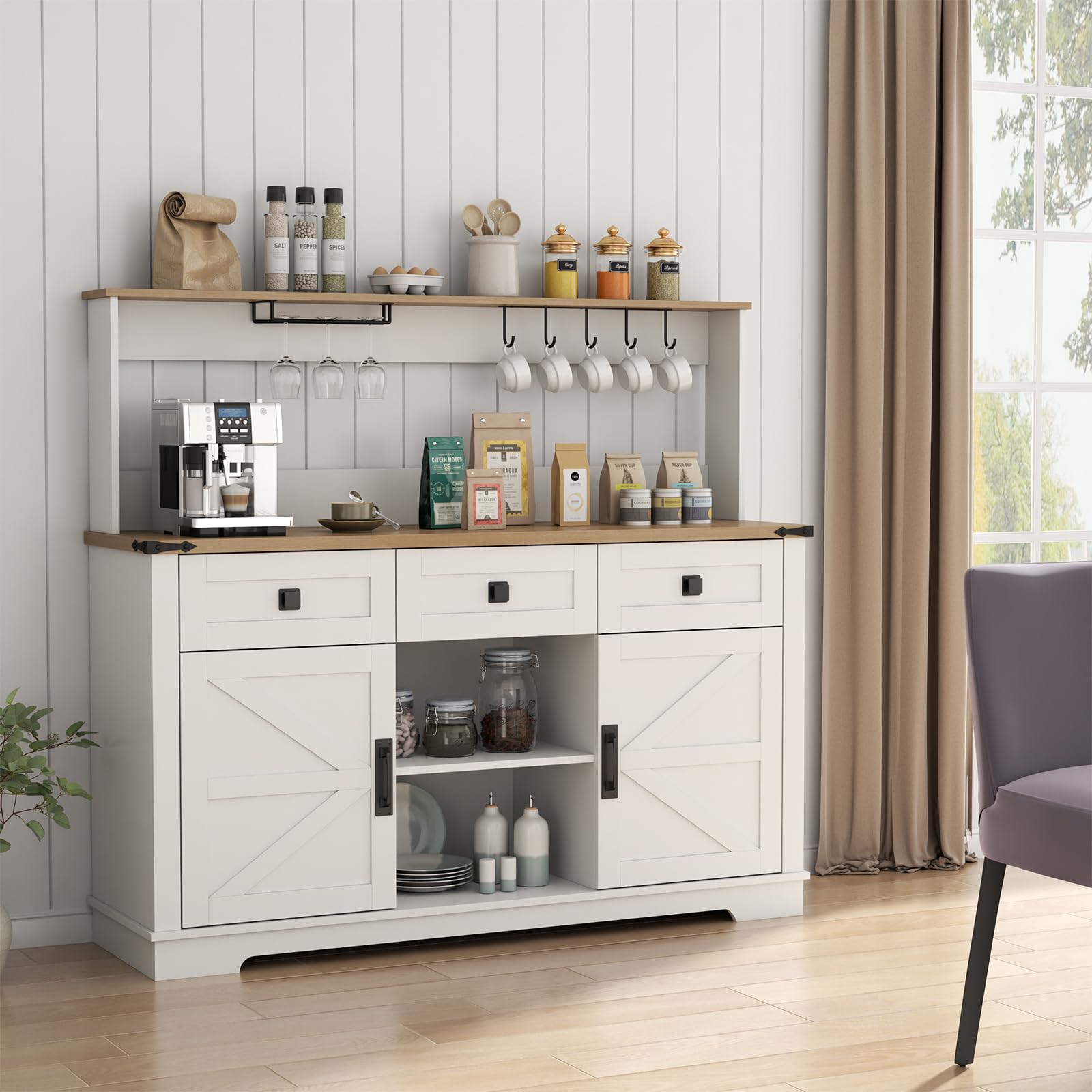 Farmhouse Bar Cabinet with Hutch, Kitchen Buffet Cabinet with Storage Cabinet & 3 Sliding Drawers, Adjustable Shelf, Goblet Holder, Cup